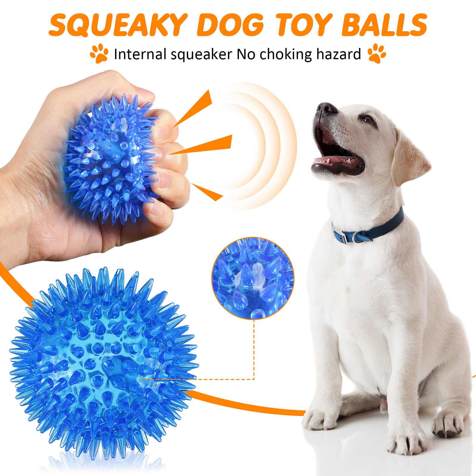 24 Pack Squeaky Dog Toys - 2.56 Inch Spiky Chew Balls for Small & Medium Dogs - TPR Puppy Fetch Toys for Aggressive Chewers - Clean Teeth & Training - Blue, Green & Orange - Perfect for Indoor Play, Outdoor Fetch & Dental Health