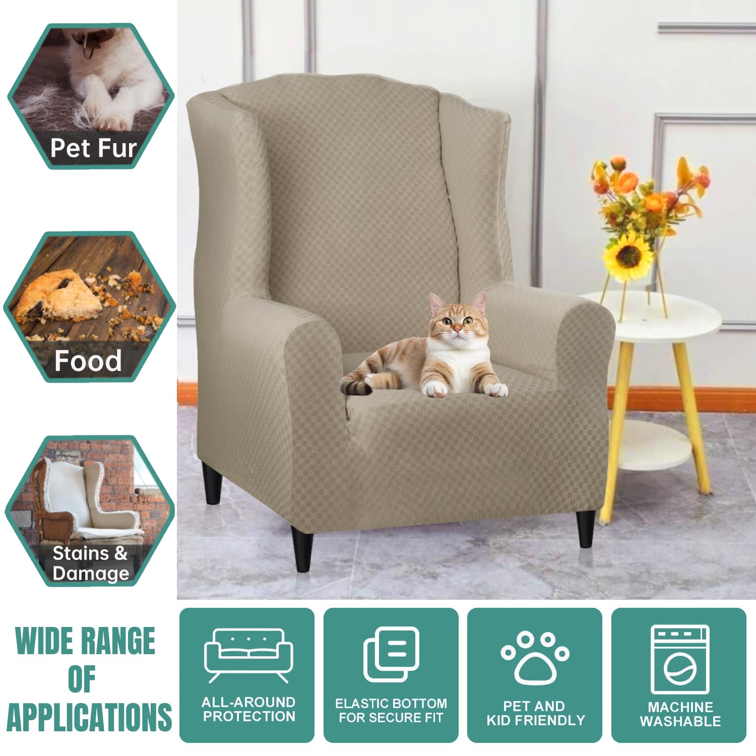 YEMYHOM Jacquard Wingback Chair Slipcover - Stretch Non-Slip Furniture Protector with Foam Rods for Living Room, Wing Chair Cover in Khaki | Perfect for Home Decor, Sofa Protection & Comfortable Seating