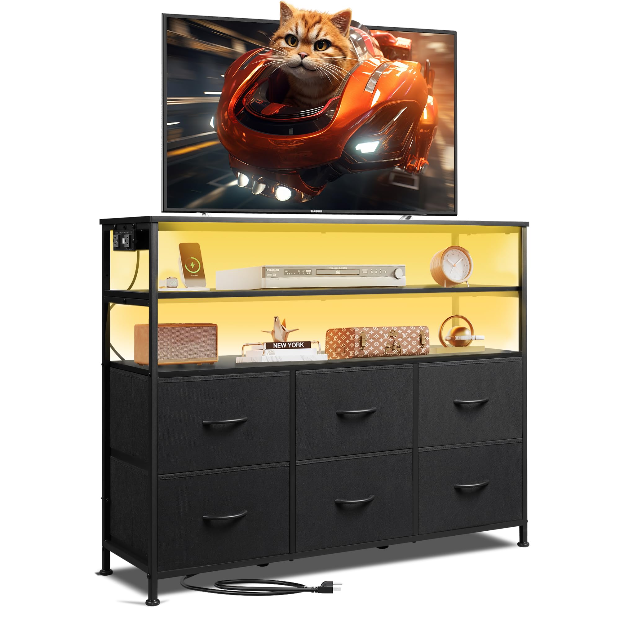 WLIVE 6-Drawer LED Dresser with Charging Station & Open Shelves - Modern Fabric Storage Dresser for Bedroom, Living Room & Closet Organization | Nightstand Alternative with USB Ports for Phone Charging & Bedroom Decor