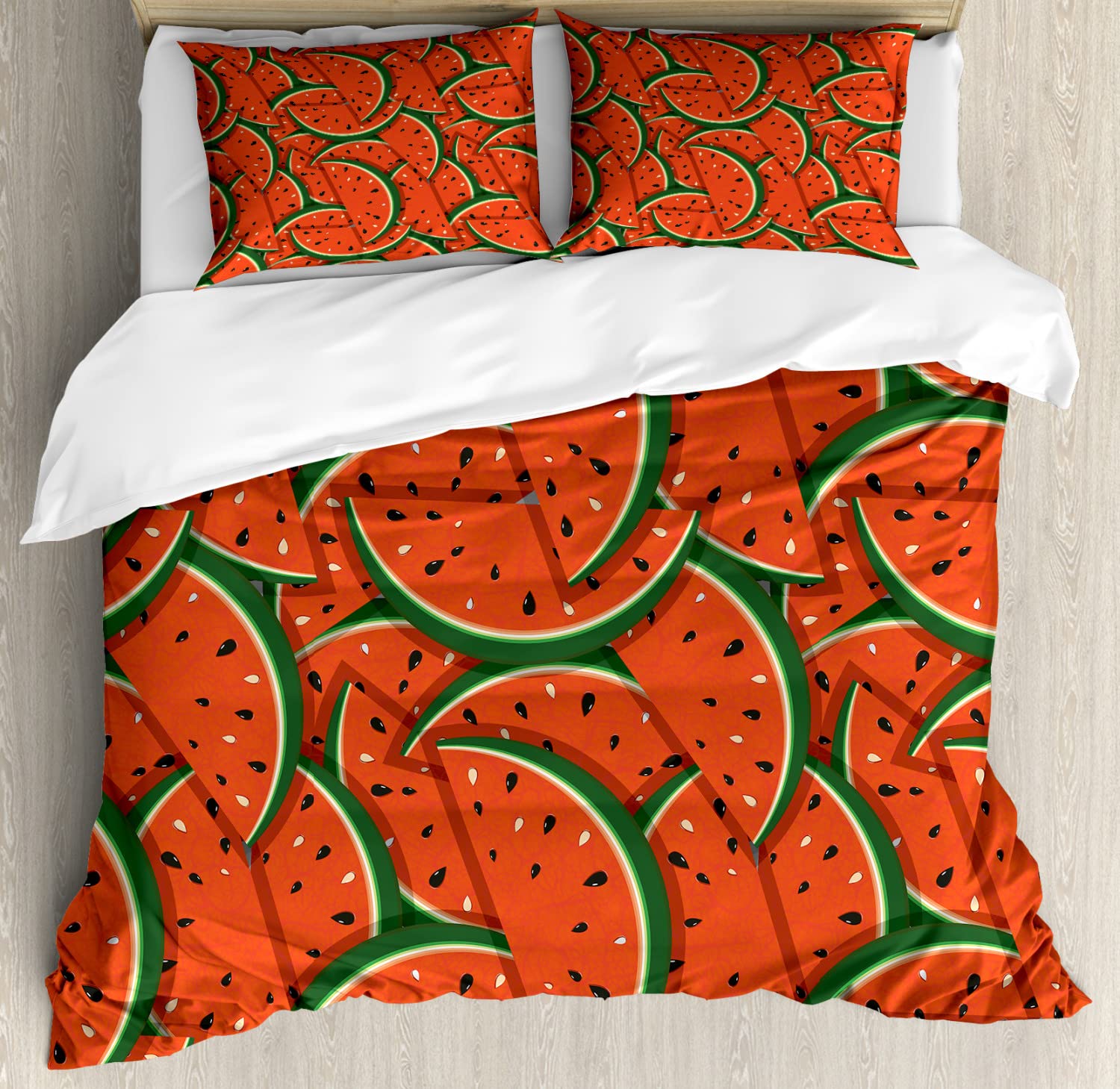 Ambesonne Fruits Duvet Cover Set - Whimsical Watermelon Slices Tropical Print Bedding (2 Duvet Covers + 2 Pillowcases) - 2 Pack California King Size in Hunter Green & Red - Perfect for Summer Decor, Beach House Bedroom, and Tropical Theme Guest Rooms