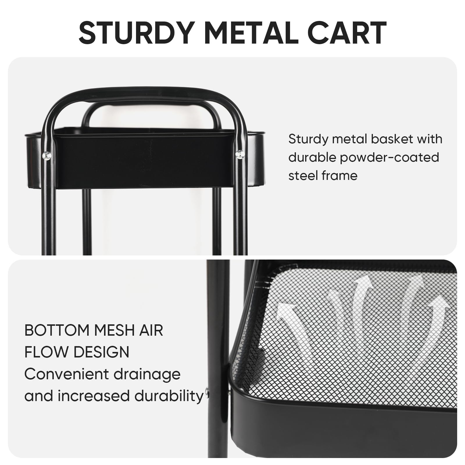 3 Tier Rolling Cart with Wheels - Heavy Duty Metal Utility Cart, Detachable Storage Organizer Trolley for Kitchen, Living Room, Office & Garage - Space Saving Mobile Storage Solution (Black) - Perfect for Organizing Pantry Items, Office Supplies, Bathroom Essentials & Garage Tools