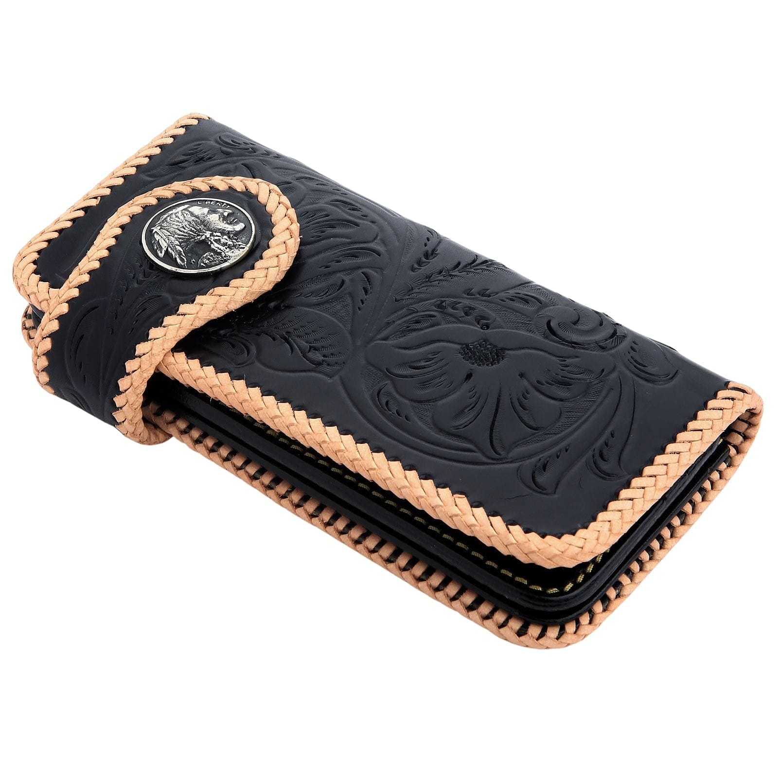 Genuine Leather Biker Wallet - Black & White Indian Snap Design for Men & Women | Perfect for Motorcycle Riders, Travel & Everyday Use