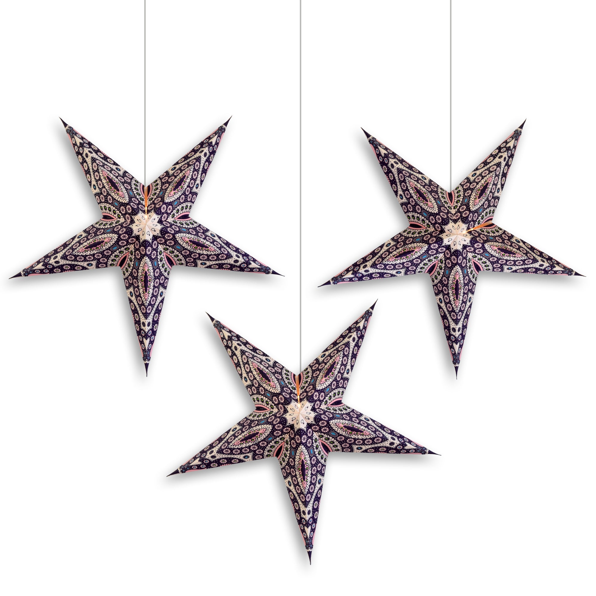 3 Pack 24 Inch Paper Star Lanterns - Pink & Purple Starlight Kit with Triple Pendant Lights | Perfect for Bedroom Decor, Wedding Party Lighting, and Outdoor Garden Decorations
