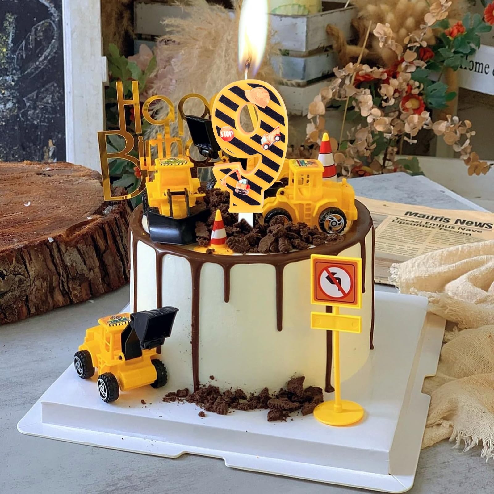 3rd Birthday Candles for Boys - Yellow and Black Striped Number 3 Cake Candles - Construction Theme Party Decorations - Perfect for Kids' Construction Birthday Cakes and Party Supplies