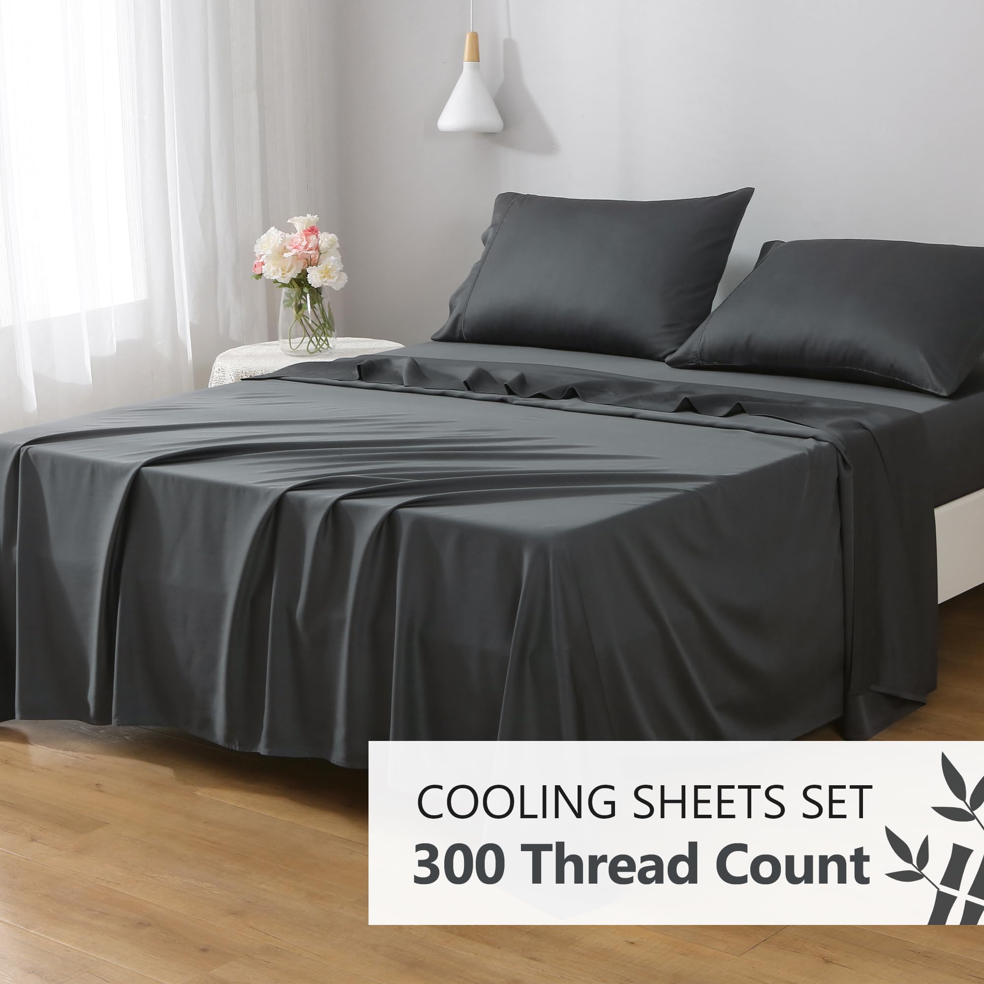 100% Bamboo Viscose Cooling Bed Sheet Set - King Size 4-Piece with Deep Pockets, Silky Soft & Breathable (Shadow Grey) - Perfect for Hot Sleepers & Summer Nights
