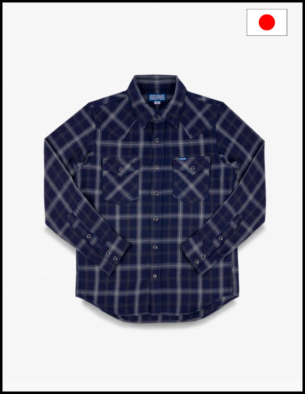 Iron Heart IHSH 411 9oz Selvedge Indigo Check Flannel Western Shirt for Men - Black Plaid Workwear Shirt for Casual & Outdoor Wear