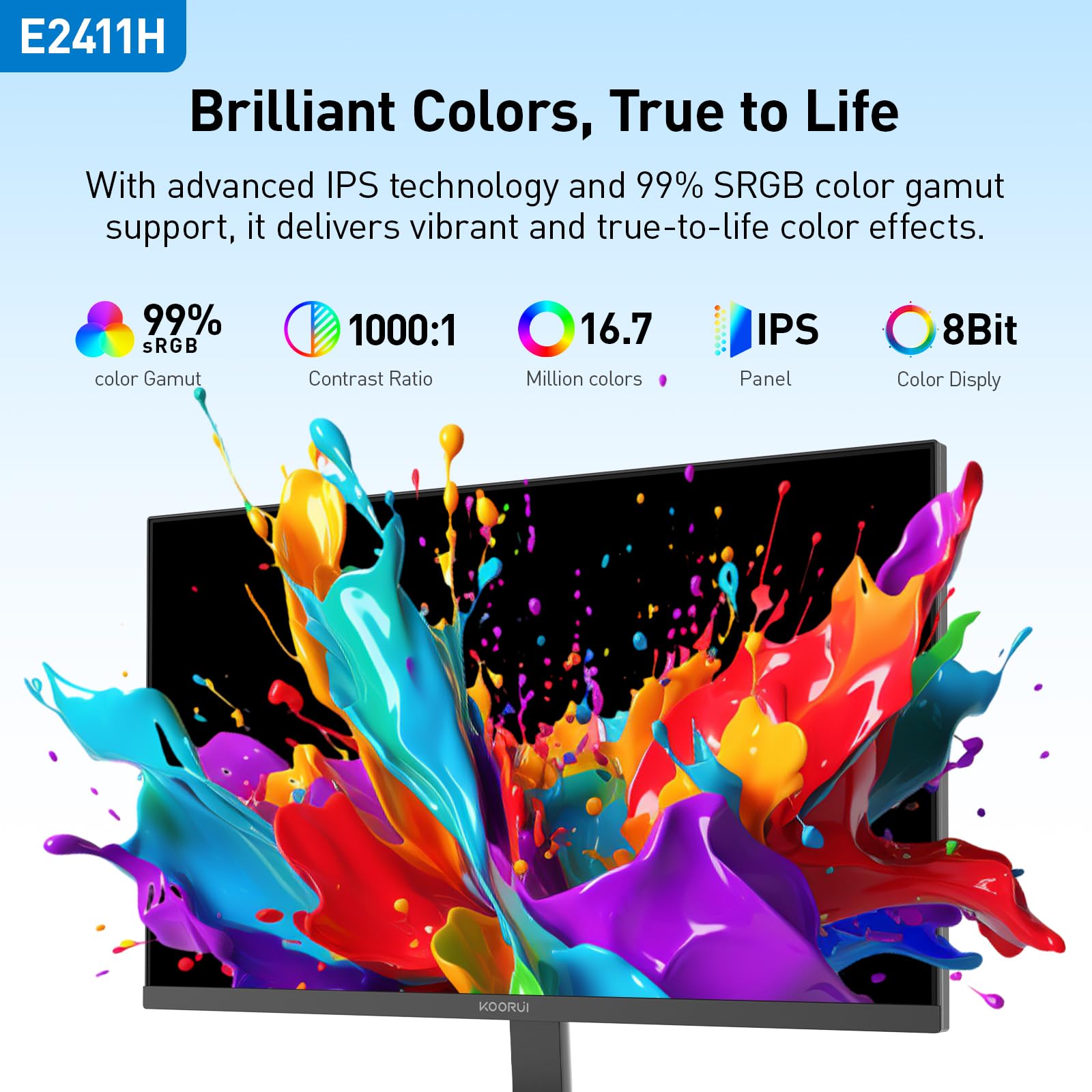 KOORUI 24-inch Gaming Monitor 120Hz Full HD 1080p IPS Display with Adaptive Sync, Ultra-Thin Bezel, VESA Mount, HDMI & VGA Ports - Perfect for Home Office, Gaming, and Entertainment (E2411H, Black)