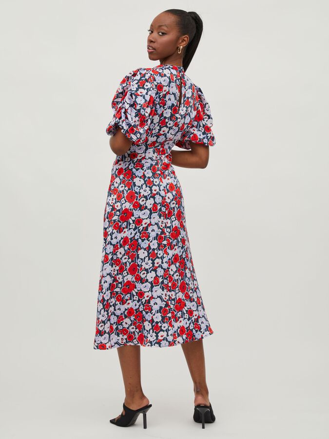 Elvita Midi Dress for Women - Navy & Red Floral Print Summer Casual Dress | Perfect for Beach, Party, and Everyday Wear