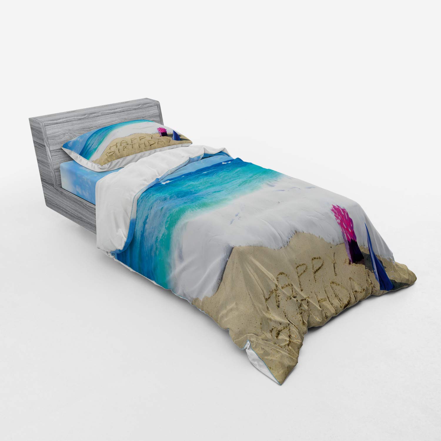 Ambesonne Birthday Duvet Cover Set - Happy Beach Celebration with Party Hats & Gifts | 3-Piece Twin XL Bedding Set (Duvet Cover, Sham, Fitted Sheet) in Blue, Pale Brown & Pink | Perfect for Birthday Parties, Beach-Themed Bedrooms & Gift Giving