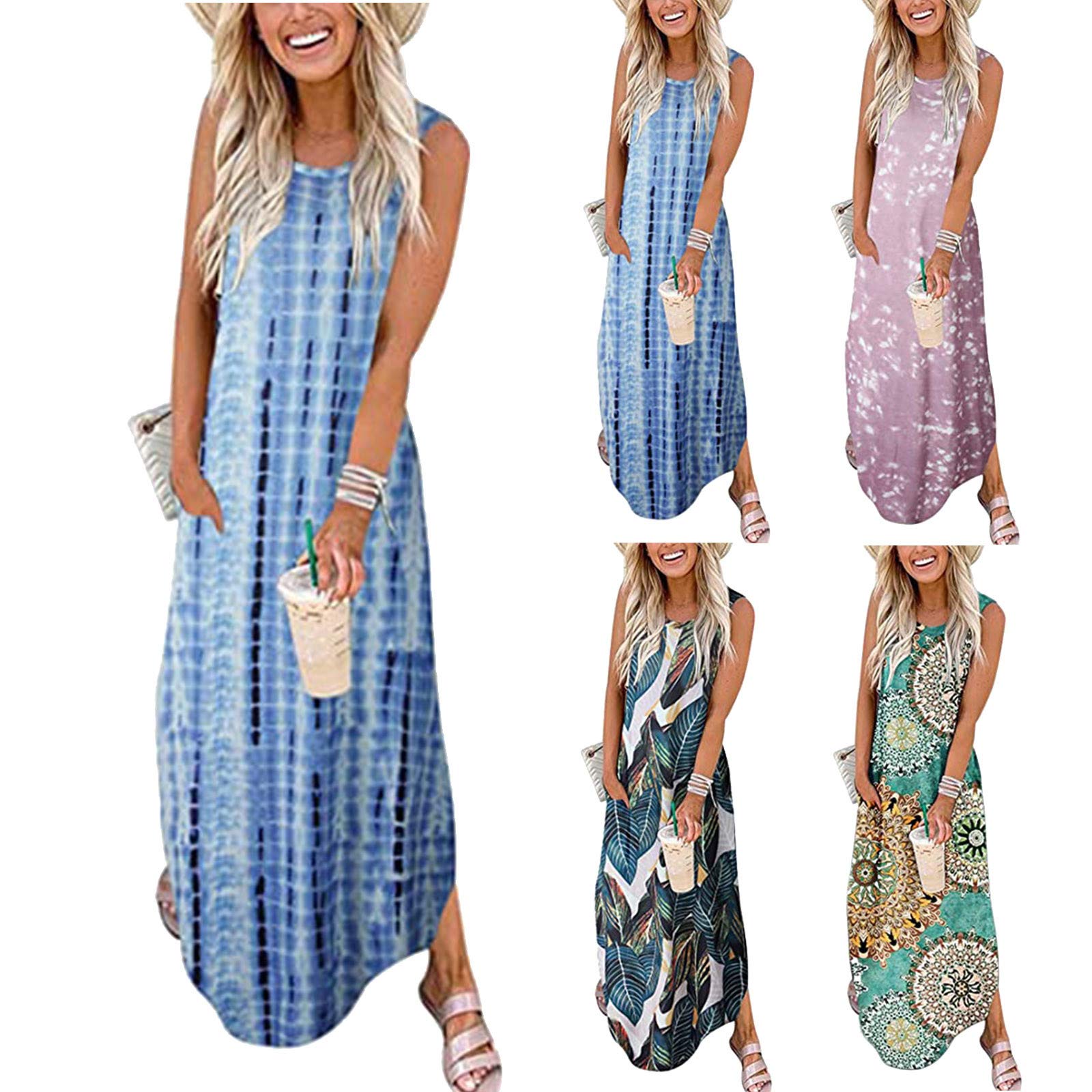 Women's Summer Maxi Dress - Rainbow Sleeveless Casual Tank Dress with Pockets | Good Vibes Beachwear, Vacation Outfit & Outdoor Summer Fashion