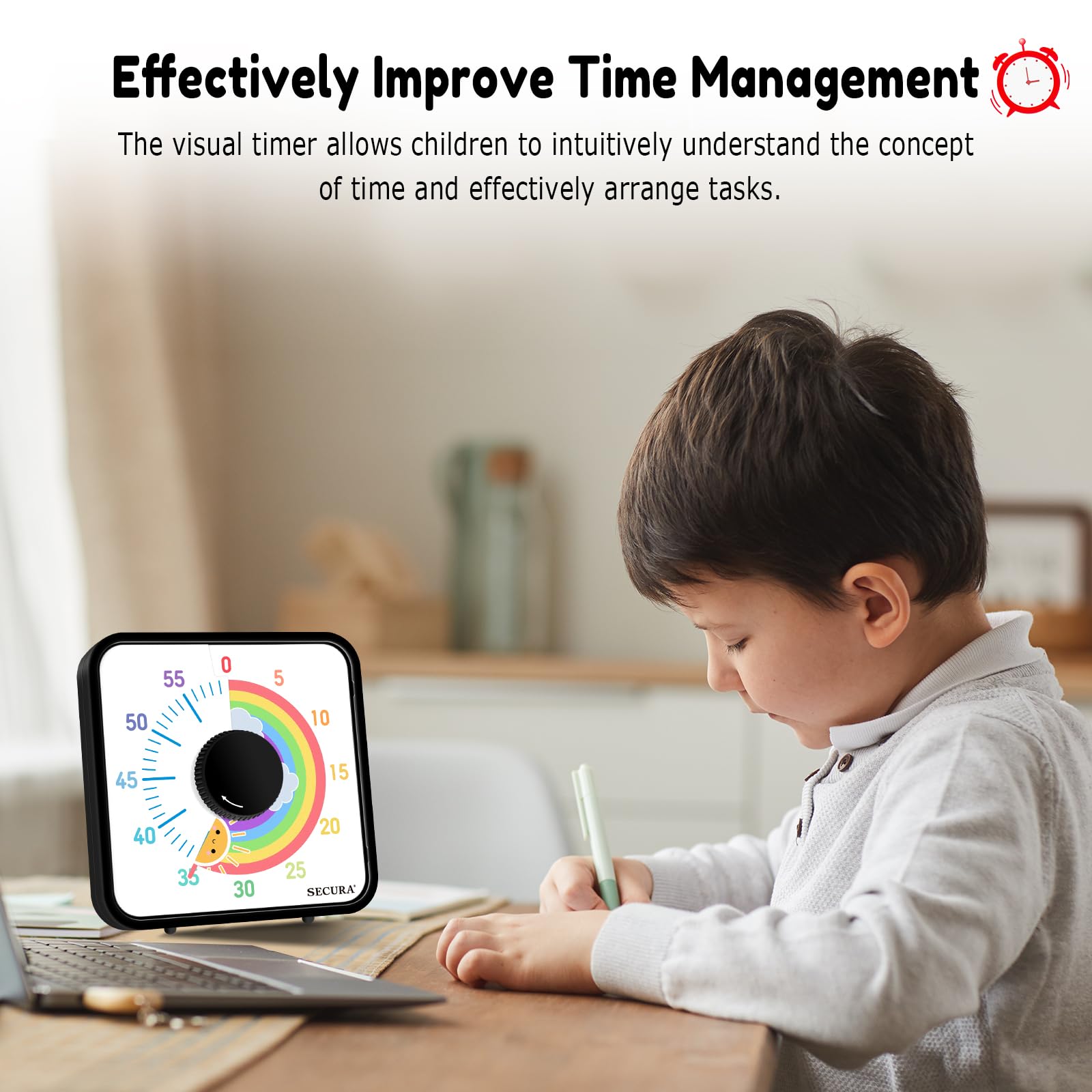 Secura 60-Minute Visual Timer with Magnetic Backing - 7.5 Inch Rainbow Countdown Clock for Classroom, Kitchen & Office - Durable Mechanical Timer for Kids, Teachers & Cooking - Perfect for Time Management & Learning Activities (Black & Sun)