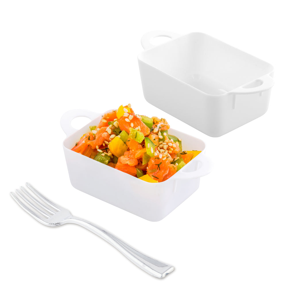 100-Pack 3 oz White Rectangle Plastic Ramekins with 100 Silver Mini Plastic Forks - Perfect for Desserts, Appetizers, and Party Serving