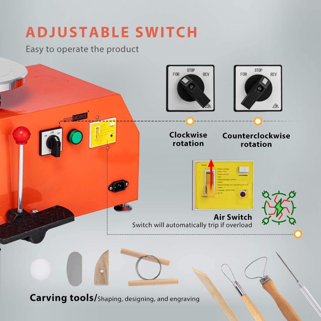 VIVOHOME 25CM 350W Electric Pottery Wheel with Foot Pedal & Detachable Basin - DIY Clay Tool for Ceramic Art, Pottery Making, Sculpting - Perfect for Beginners, Artists & Classroom Use (Orange)