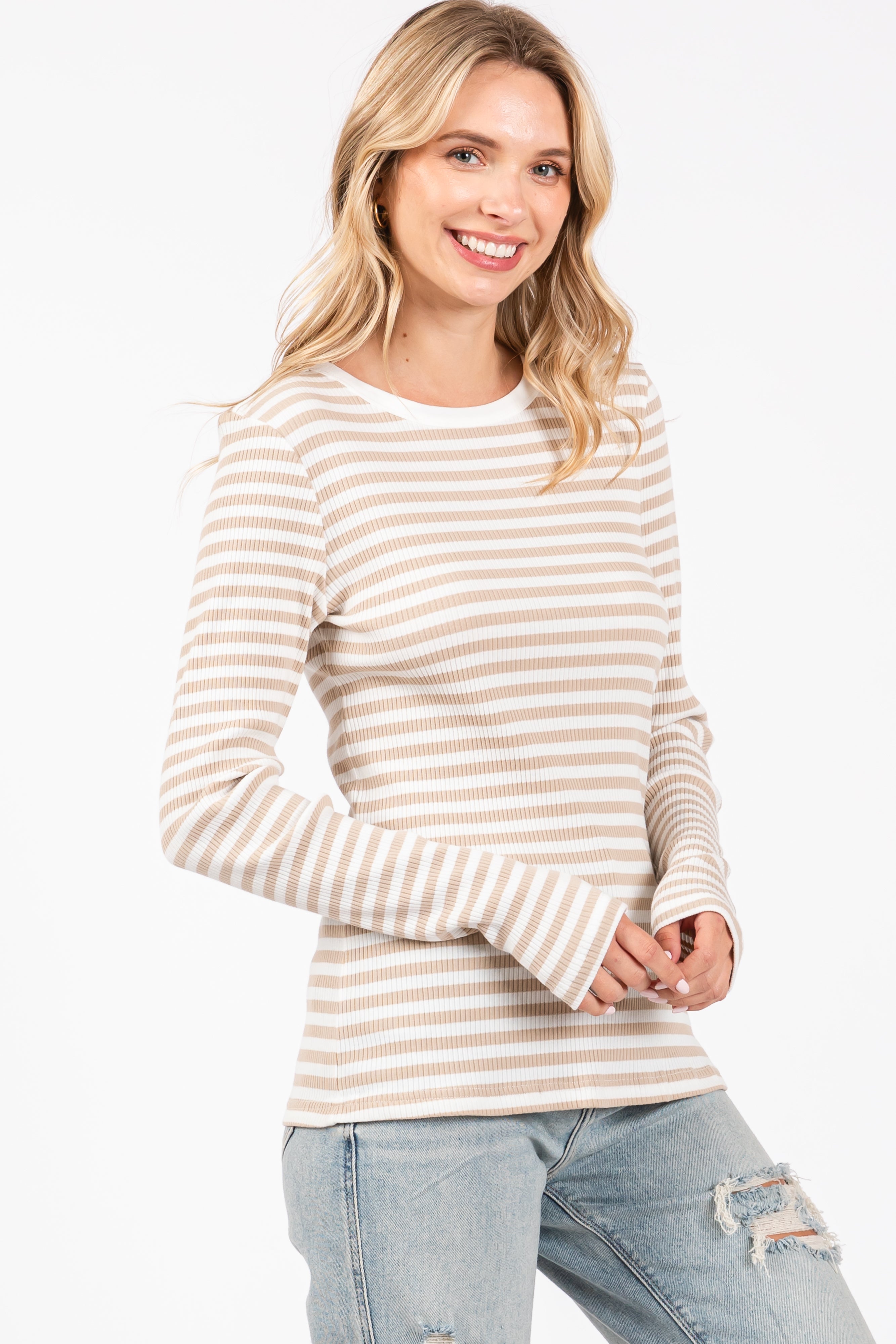 Beige Striped Long Sleeve Ribbed Knit Top for Women - Casual Fall & Winter T-Shirt for Layering, Work, and Everyday Wear