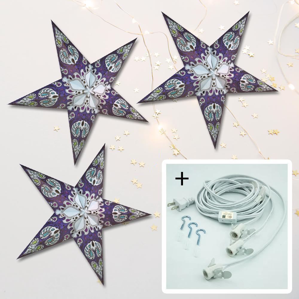 3 Pack Blue Galaxy 24 Inch LED Star Lanterns - Hanging Paper Light Fixtures with Bulbs & Cord for Home Decor, Party, Wedding, Nursery & Outdoor Lighting