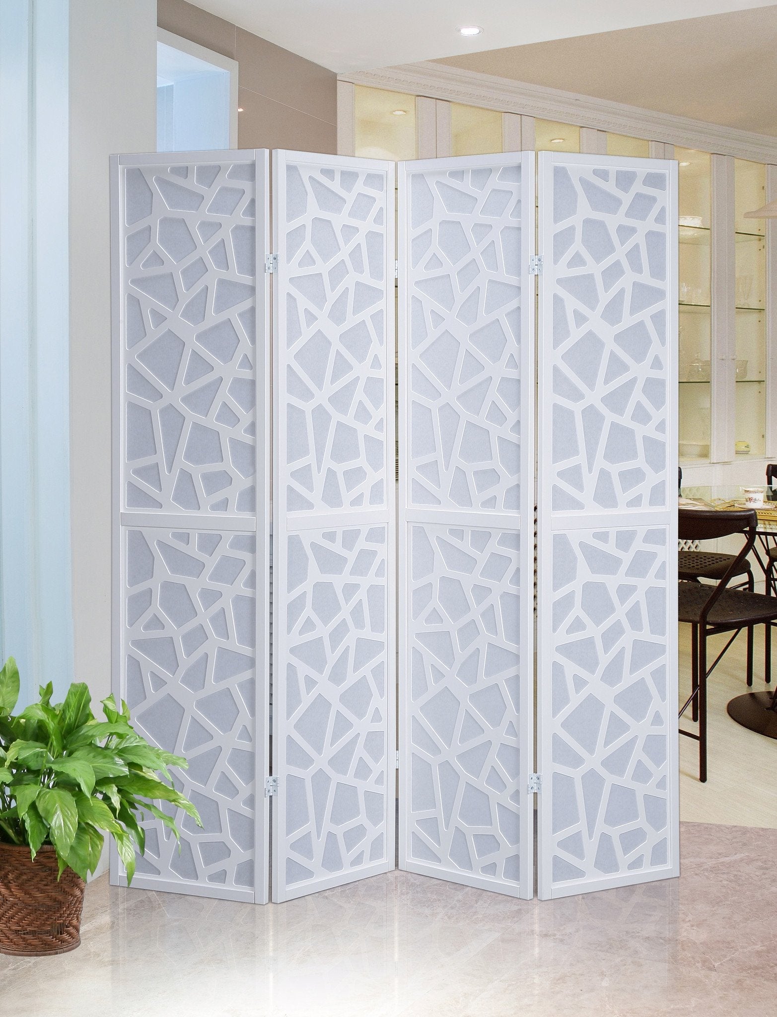 Roundhill Furniture Giyano 4-Panel Folding Room Divider Screen - White Privacy Partition for Home, Office, and Bedroom Decor