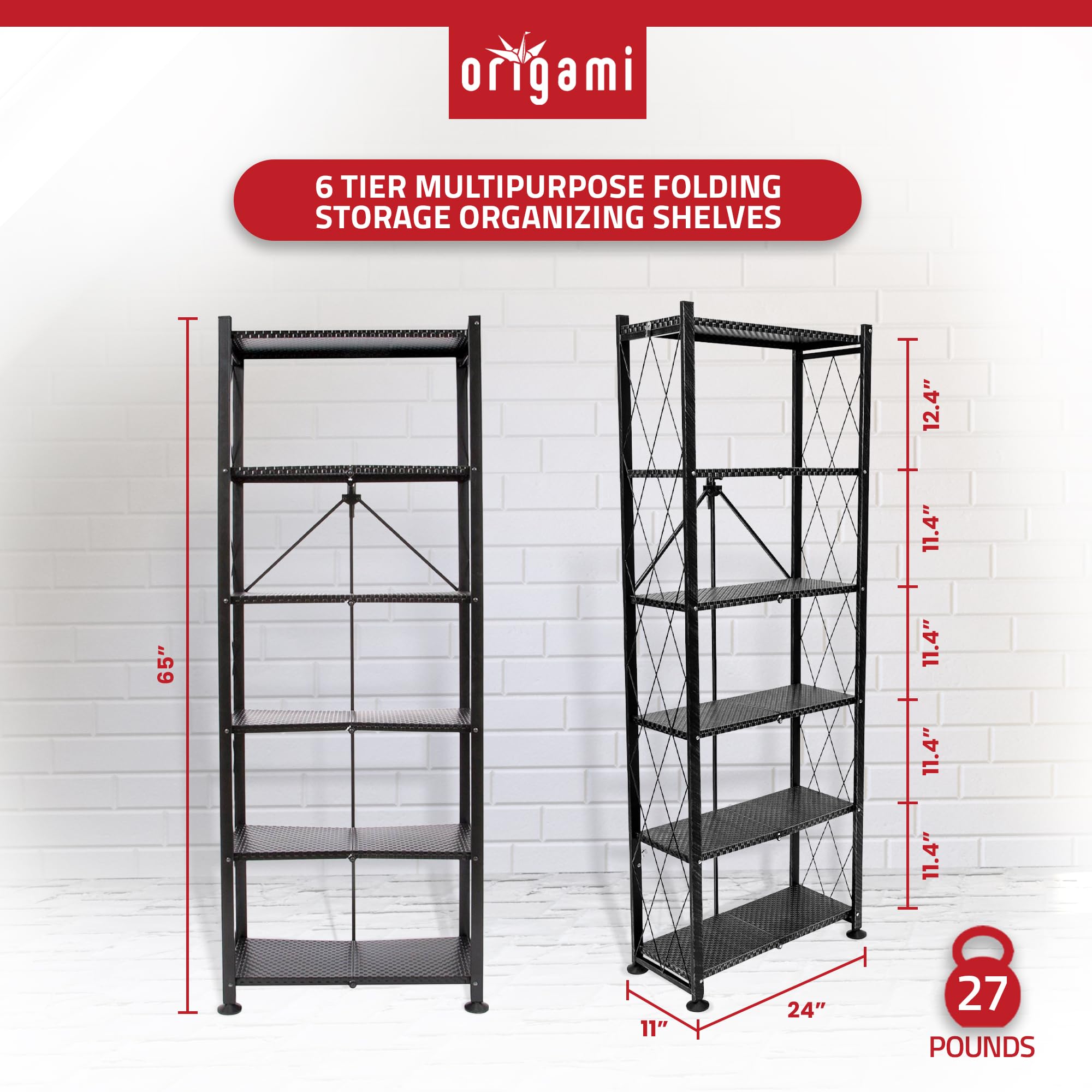 Origami 6-Tier Metal Storage Shelves - Heavy Duty Bookcase for Books, Decor, Vinyl Records | Garage & Home Organization | Black Shelving Unit for Living Room, Bedroom, Office & Storage Spaces