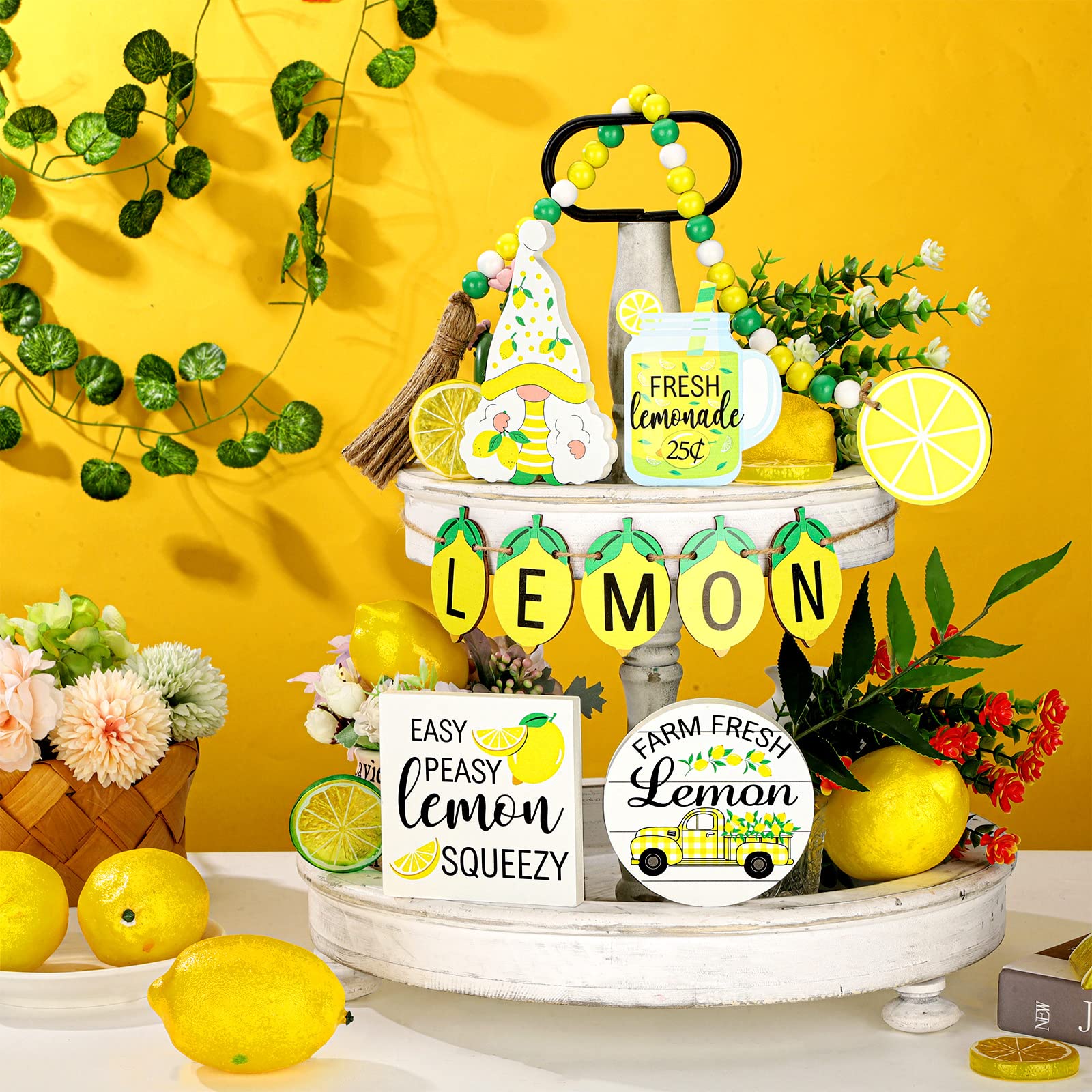 10 Pcs Summer Farmhouse Wood Tiered Tray Decor Set - Lemon Watermelon Strawberry Sunflower Kitchen Standing Sign with Bead Garland Banner for Home, Party, Wedding & Seasonal Decor (Lemon Theme) - Perfect for Kitchen Counter, Dining Table, Mantel & Entryway Display