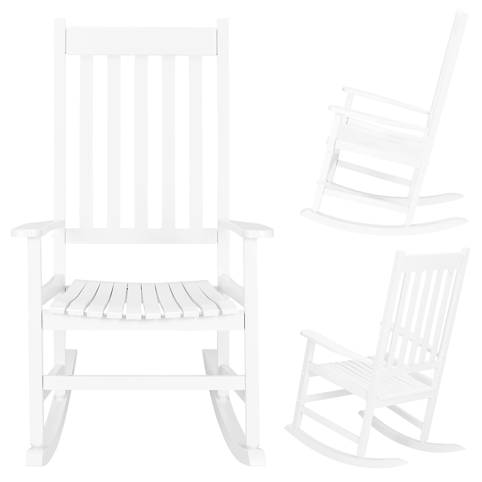 VINGLI 2-Piece Solid Wood Rocking Chairs Set - High Back Comfort Rocker for Relaxing - Perfect for Deck, Garden, Backyard, Porch - Indoor & Outdoor Use (White) - Ideal for Reading Nooks, Sunrooms & Patio Lounging