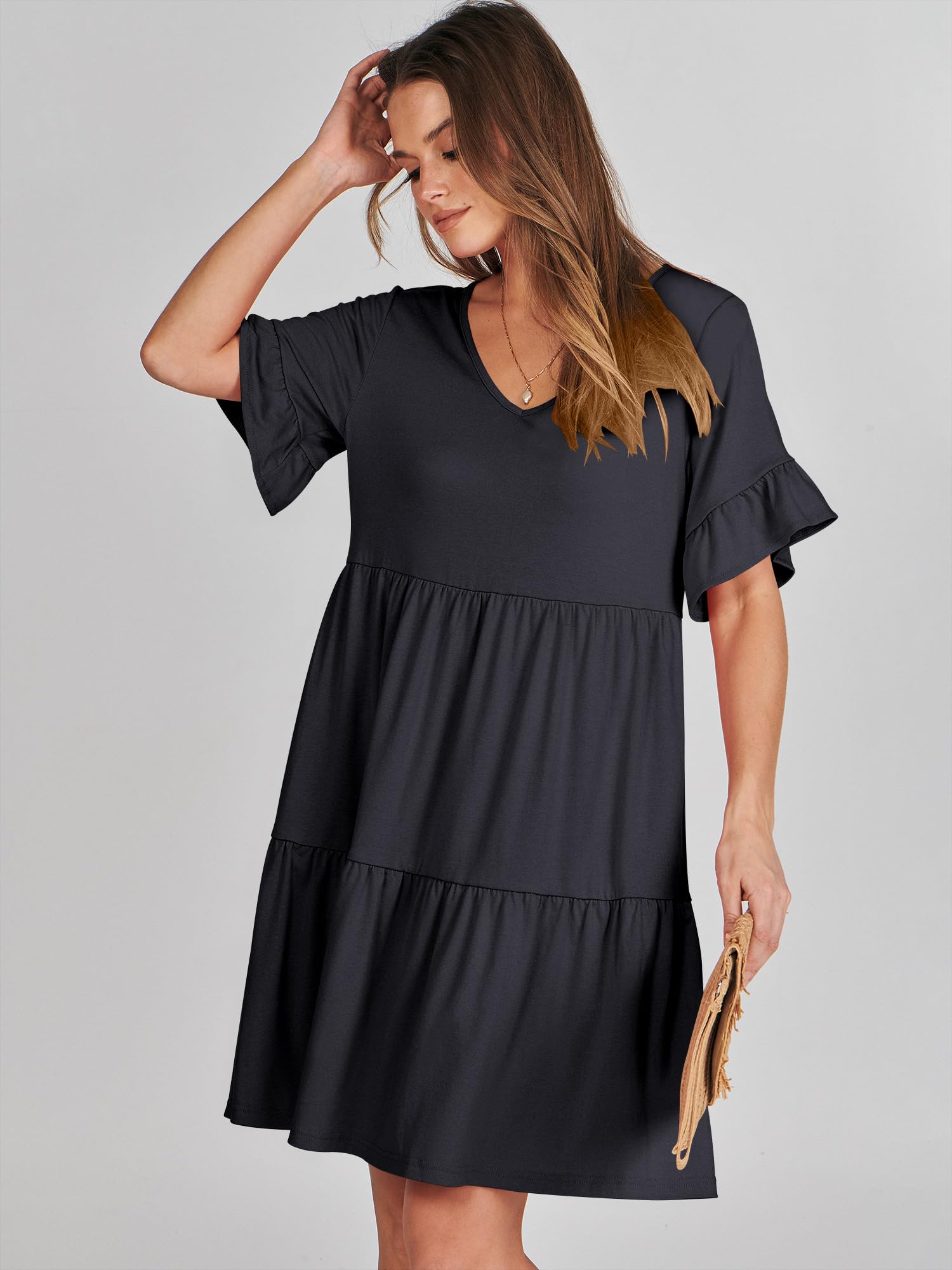 ANRABESS Women's Summer V-Neck Ruffle Sleeve A-Line Tiered Flowy Mini Dress with Pockets - Trendy Casual Beach Dress for Vacations, Parties & Date Nights