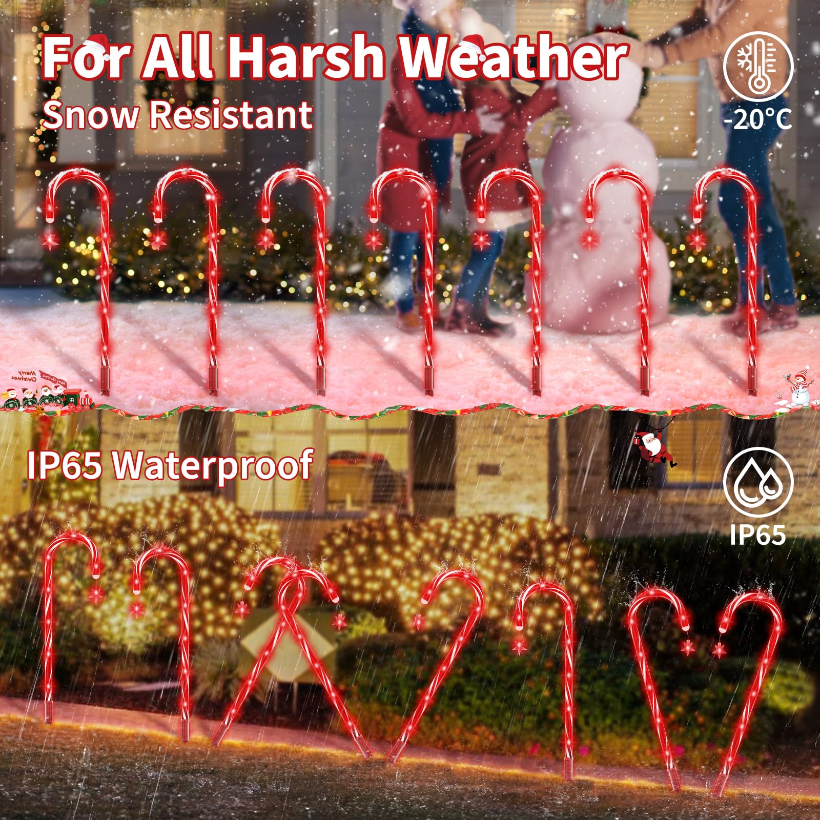 AOSEA 10 Pack Solar Candy Cane Lights - 80 Red LED Christmas Pathway Decorations with 8 Lighting Modes, Waterproof Outdoor Yard Lights for Walkway, Lawn, Garden, Holiday Decor (Perfect for Christmas, Halloween, and Year-Round Landscape Lighting)
