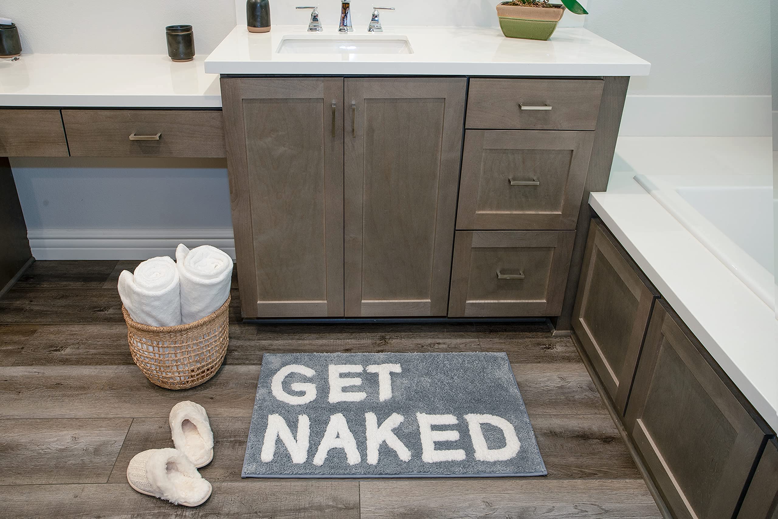 LABEND HOME Funny Peach Bathroom Decor - Get Naked Bath Mat & Shower Curtain Set - Cute Non-Slip Washable Bath Rug for Bathroom Accessories - Perfect for Spa, Guest Bathroom or Funny Gift (Gray)
