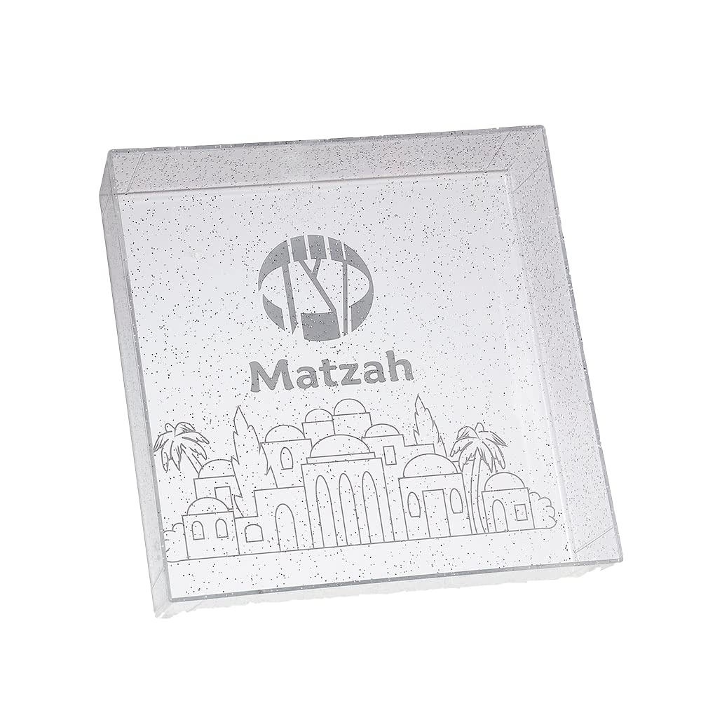 Rite Lite Square Clear Matzah Tray with Jerusalem Glitter Design - Elegant Passover Seder Plate for Matzah, Kosher Holiday Serving - Perfect for Jewish Holidays, Home Decor & Gift Giving