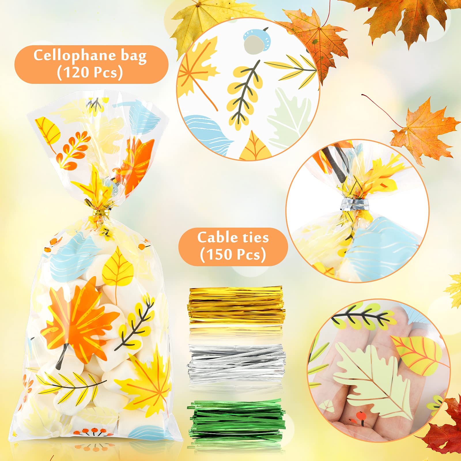Whaline 120Pcs Autumn Maple Leaf Cellophane Bags with 150Pcs Twist Ties - Double Sided Thanksgiving Party Favor Bags for Candy, Chocolate & Cookies - Bulk Treat Bags for Fall Celebrations, Halloween, Thanksgiving & Christmas Gift Giving