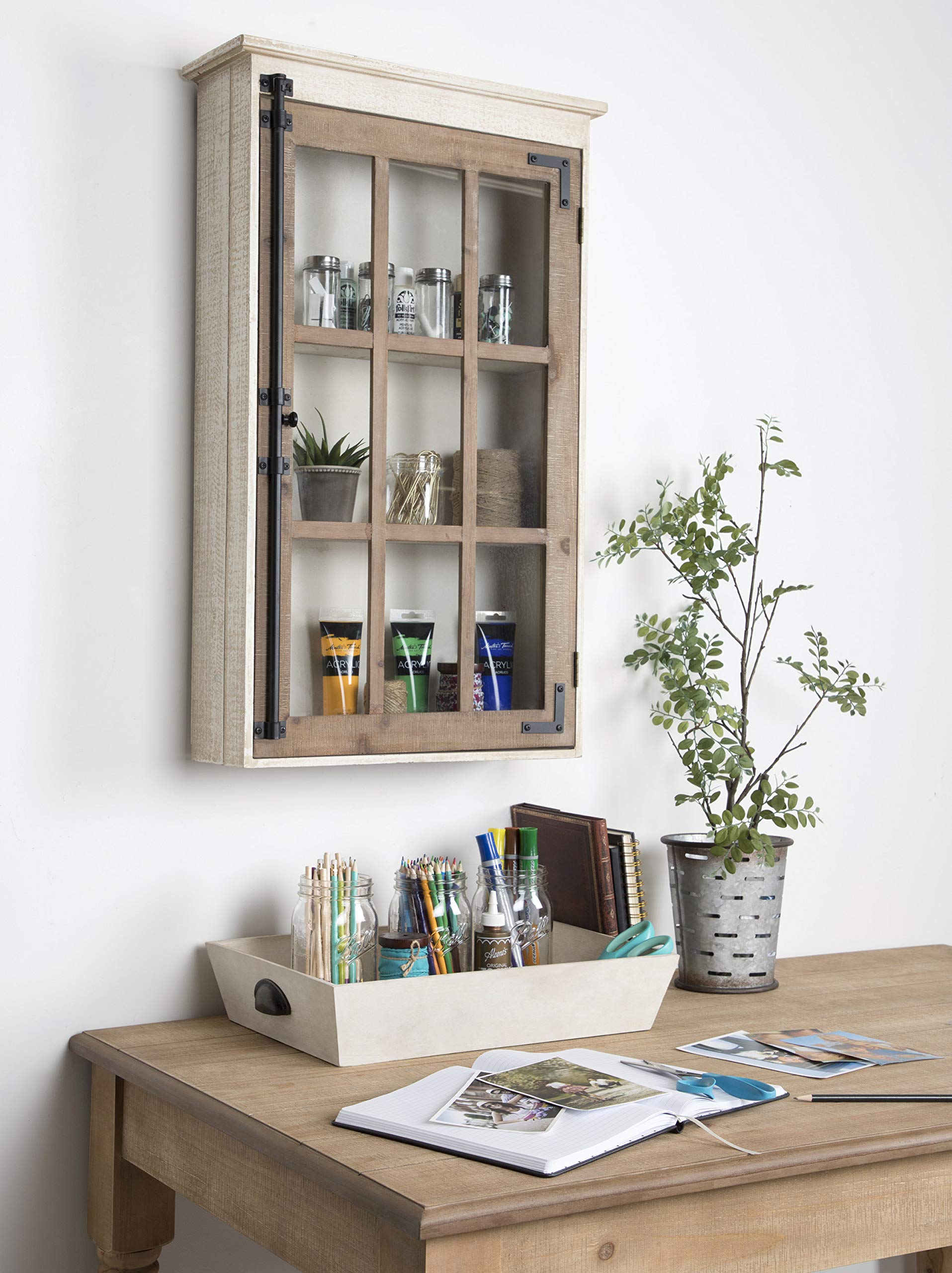Kate & Laurel Hutchins Rustic Farmhouse Wood Wall Storage Cabinet with Window Pane Glass Door - White Distressed Finish | Perfect for Kitchen Pantry, Bathroom Organization & Farmhouse Decor