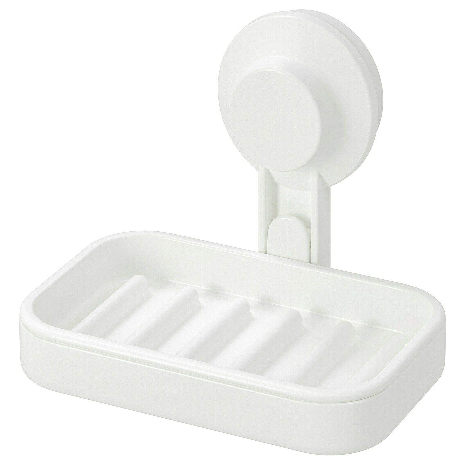 Ikea TISKEN White Soap Dish with Suction Cup - Bathroom Organizer for Showers, Sinks & Countertops - Durable Plastic Soap Holder for Home and Travel