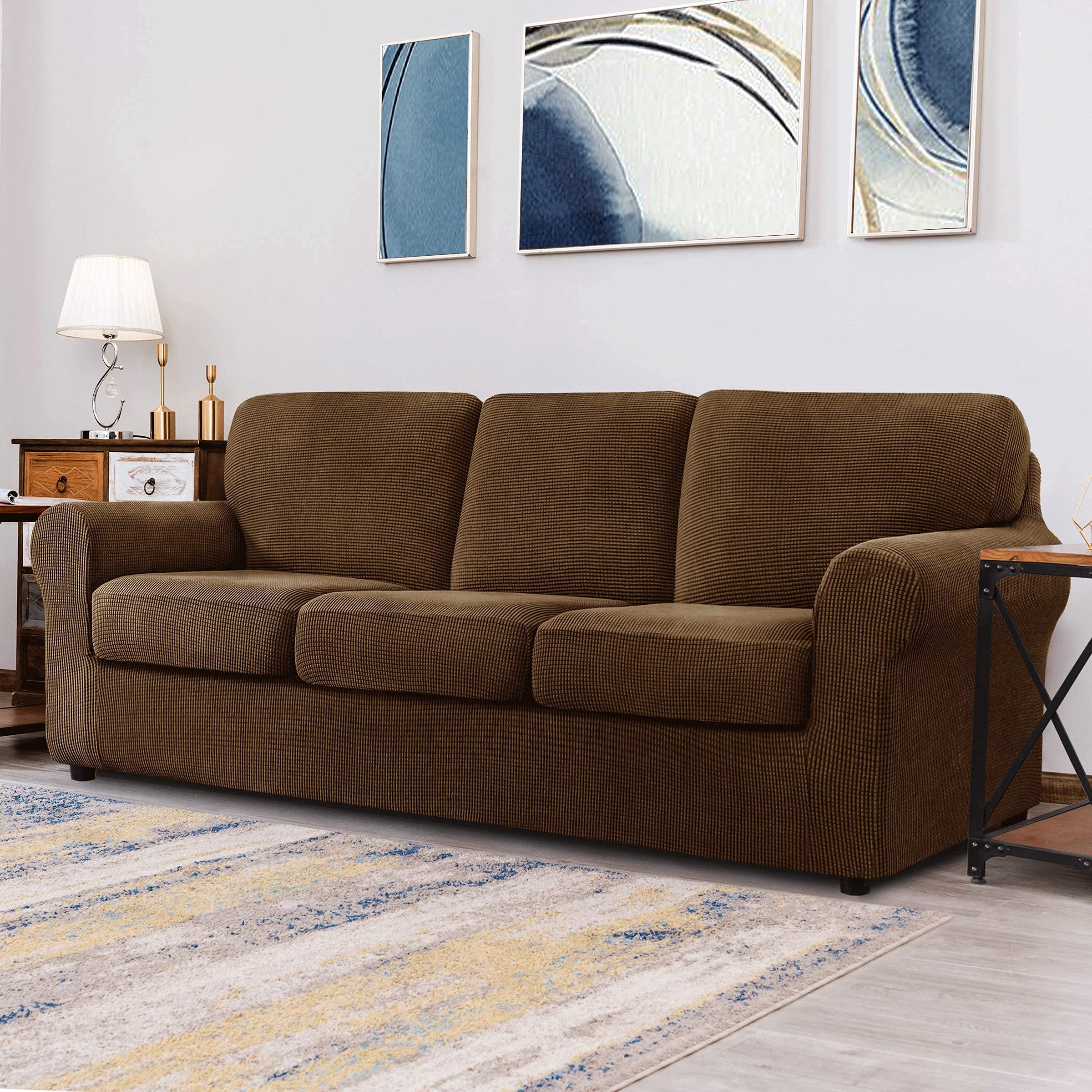 CHUN YI Loveseat Sofa Cover Set - Stretchable Jacquard Fabric Slipcover with Detachable Backrest & Cushion Covers, Checkered Design (Coffee Brown) - Perfect for Living Room, Apartment Furniture Protection & Home Decor Upgrade