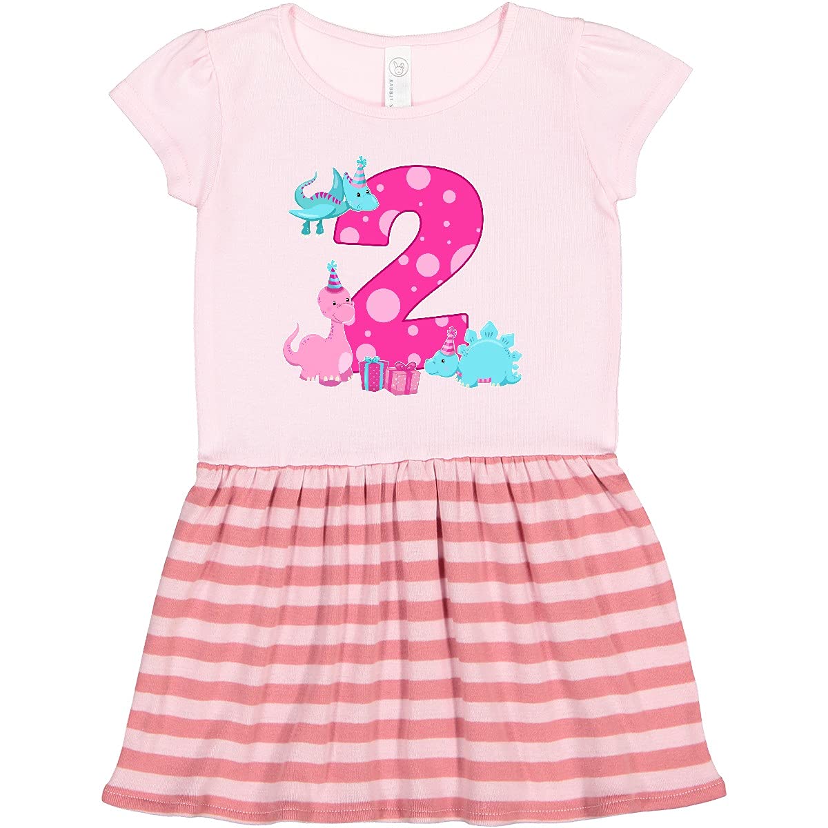 Inktastic Dinosaur Party Toddler Dress 3T - Pink Striped Cute Dino Print Girls' Outfit for Birthday, Playdate & Casual Wear