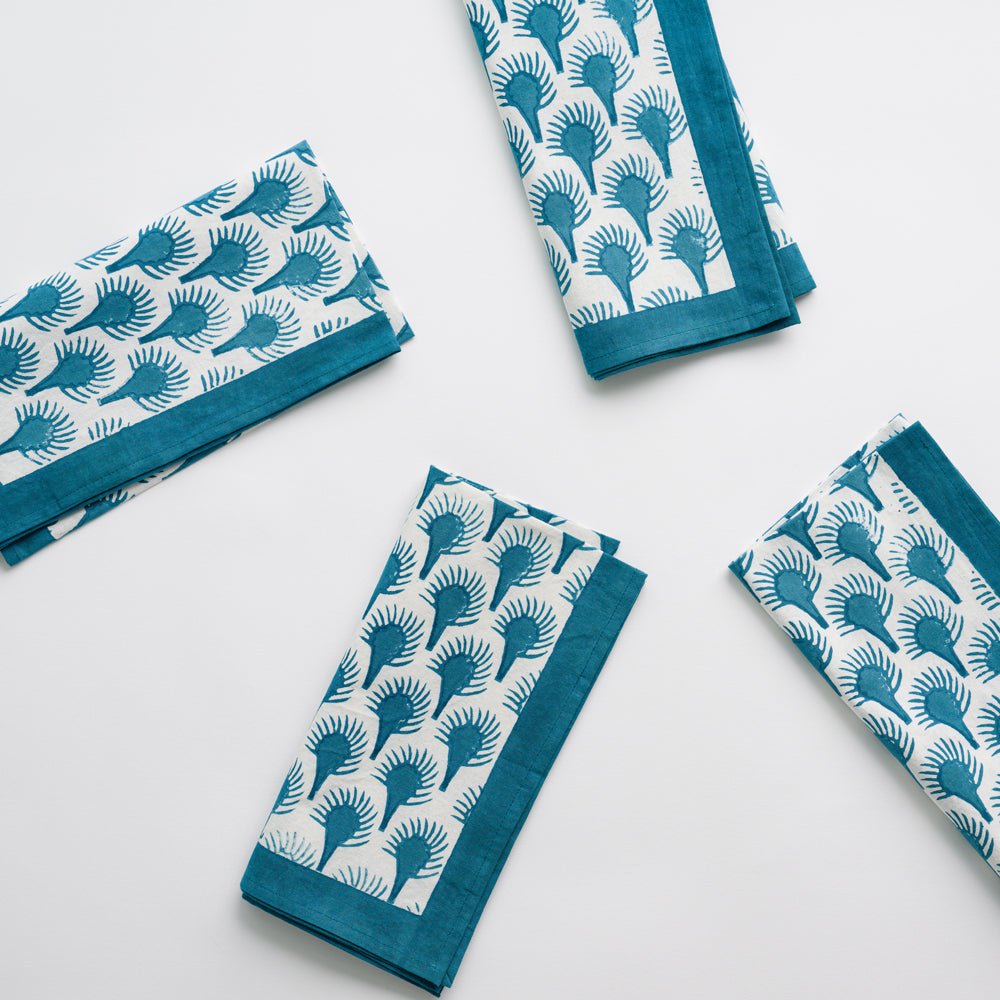 Geo Feather Teal Napkins Set of 4 - Elegant Cotton Table Napkins for Dinner Parties, Weddings & Home Decor