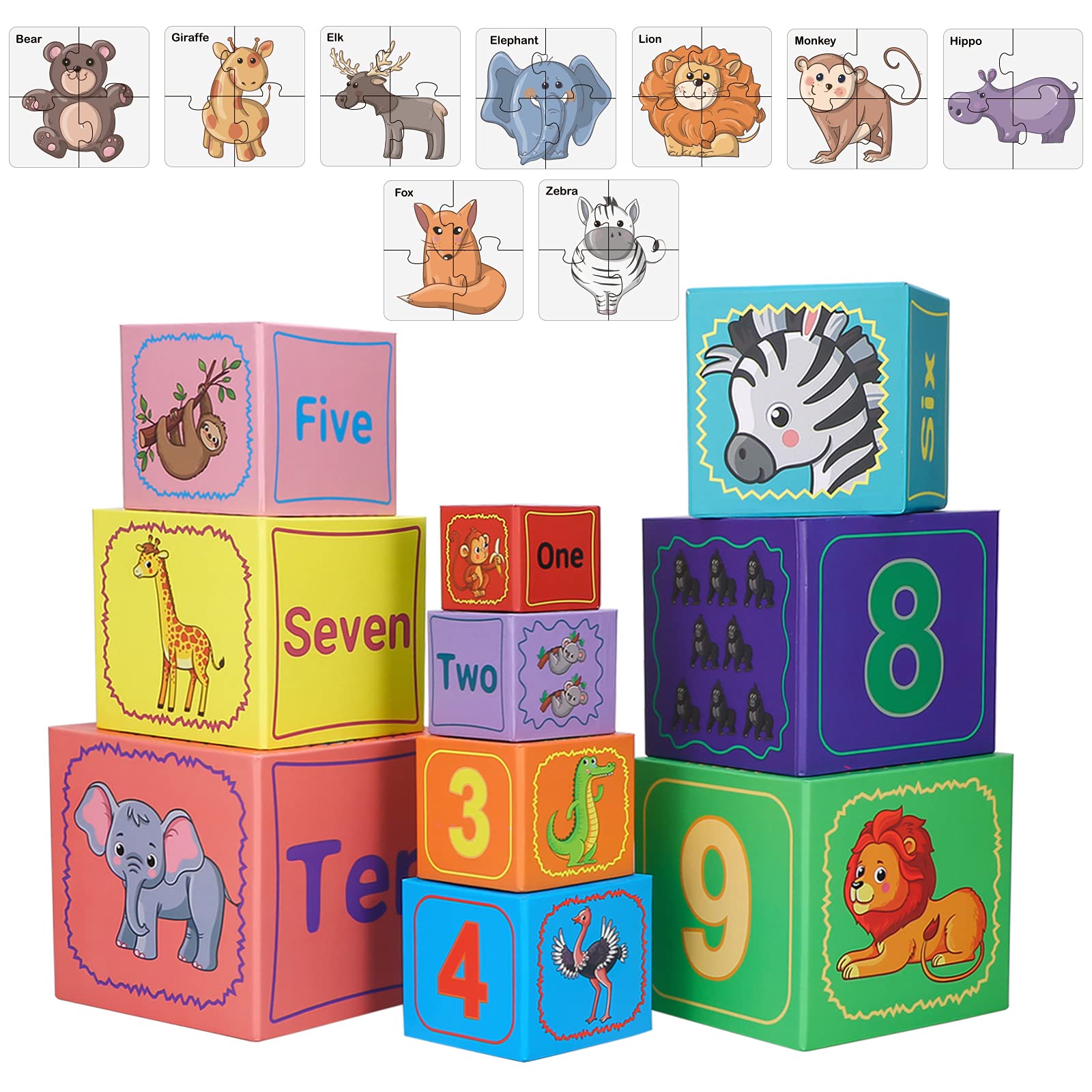 Nesting and Stacking Blocks for Toddlers - Animal Puzzle Toys Set with Number Blocks, Counting & Educational Learning Toys | Montessori Toys for Early Childhood Development | Perfect for Preschool Learning, Playtime & Sensory Exploration