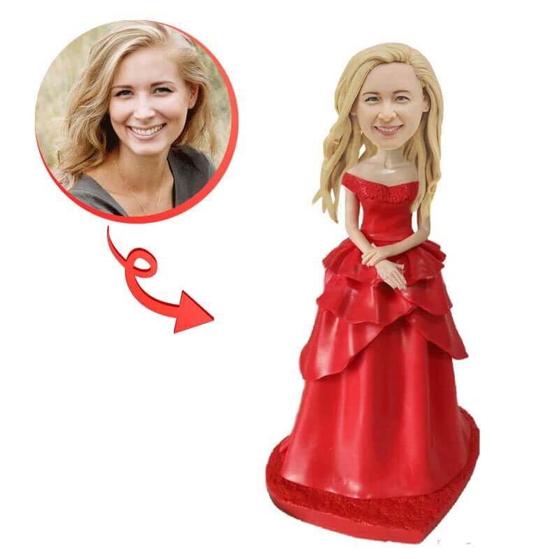 Custom Red Dress Bride Bobblehead - Personalized Wedding Cake Topper & Anniversary Gift for Couples - Perfect for Weddings, Bridal Showers, and Romantic Home Decor