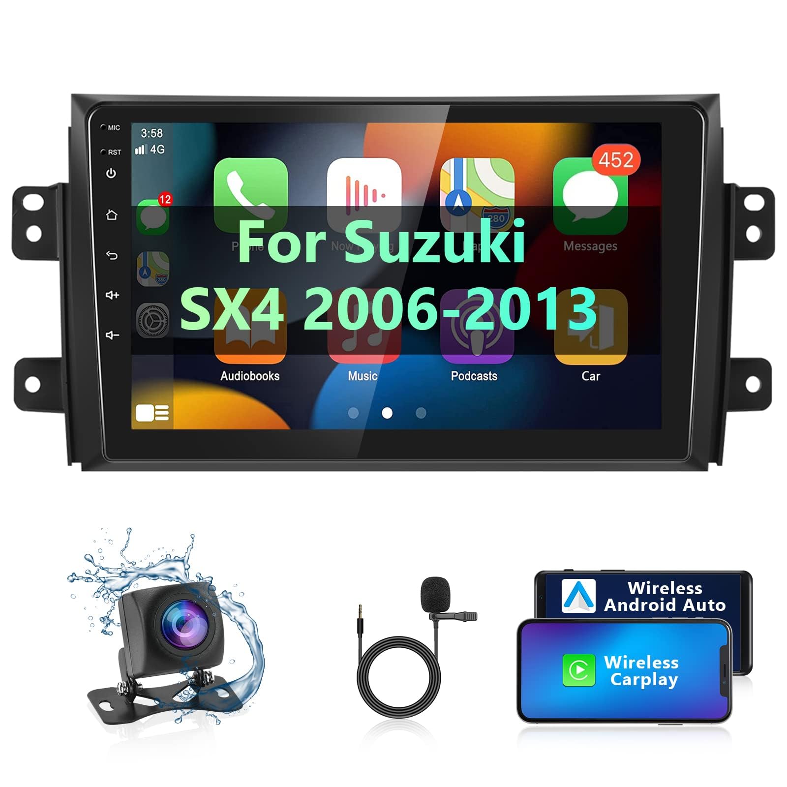 9 Inch Android Car Stereo for Suzuki SX4 2006-2013 - Wireless Apple CarPlay & Android Auto, Bluetooth, GPS Navigation, WiFi, HiFi Audio, FM, Steering Wheel Control, USB, HD Backup Camera - Perfect for Road Trips & Daily Commuting