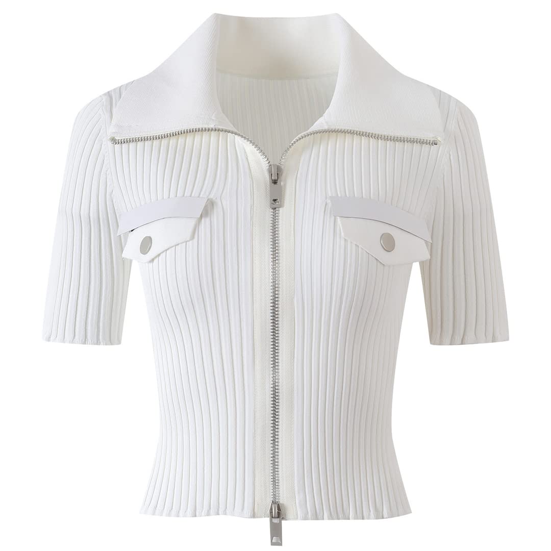 Women's White & Black Knitted Cardigan with Zipper - Short Sleeve Casual Top for Spring & Summer | Perfect for Office, Date Night & Weekend Outfits