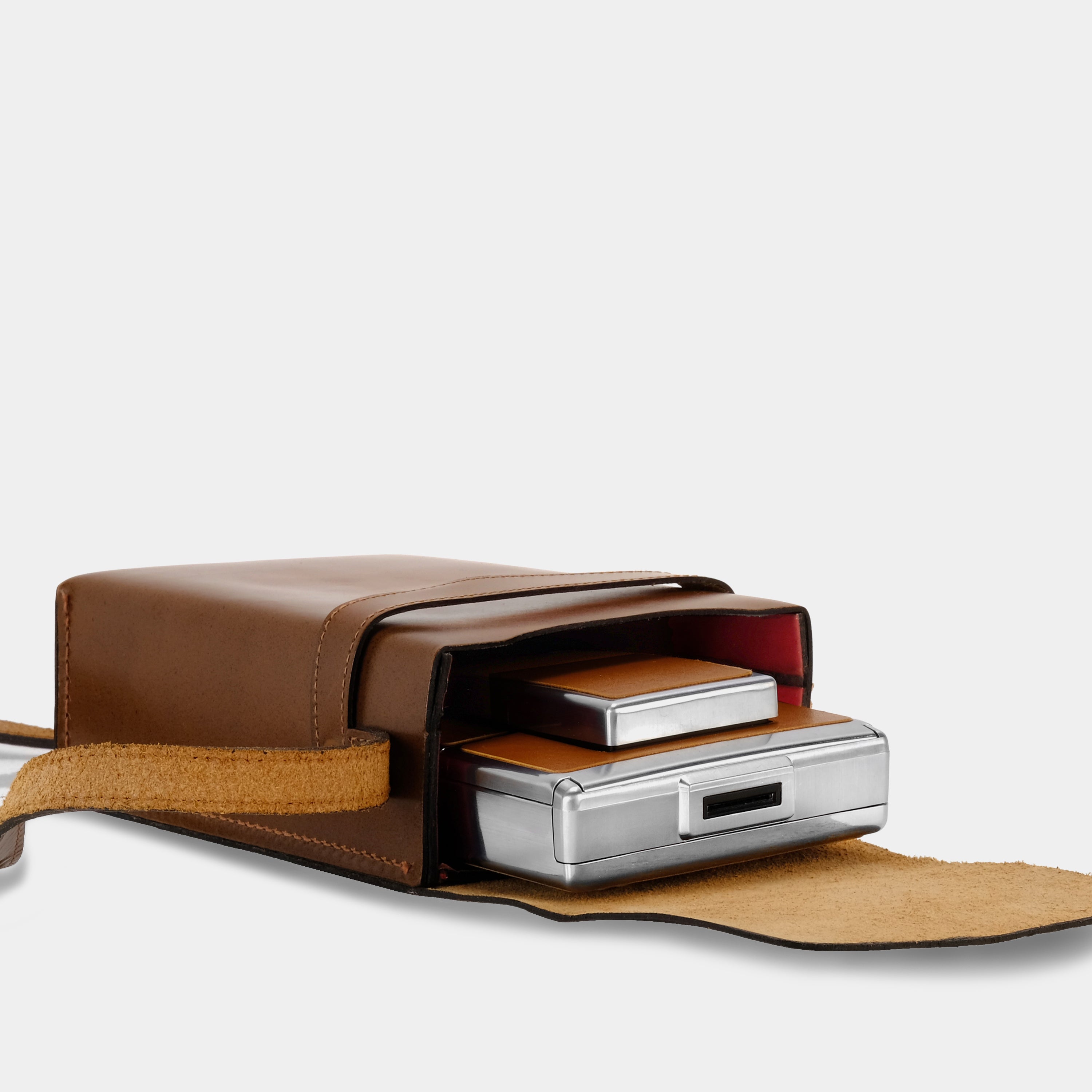 Premium Brown Leather Folding Instant Camera Case - Protective Cover for Fujifilm Instax Mini 9/11/40/90 - Perfect for Travel, Parties & Photo Walks