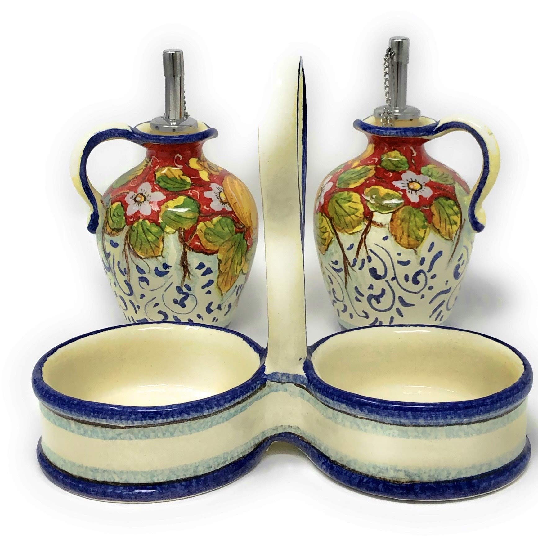 Italian Hand-Painted Ceramic Oil and Vinegar Cruet Set - Tuscan Art Pottery with Red Lemons Design, Made in Italy | Perfect for Kitchen, Dining Table, and Italian-Themed Decor