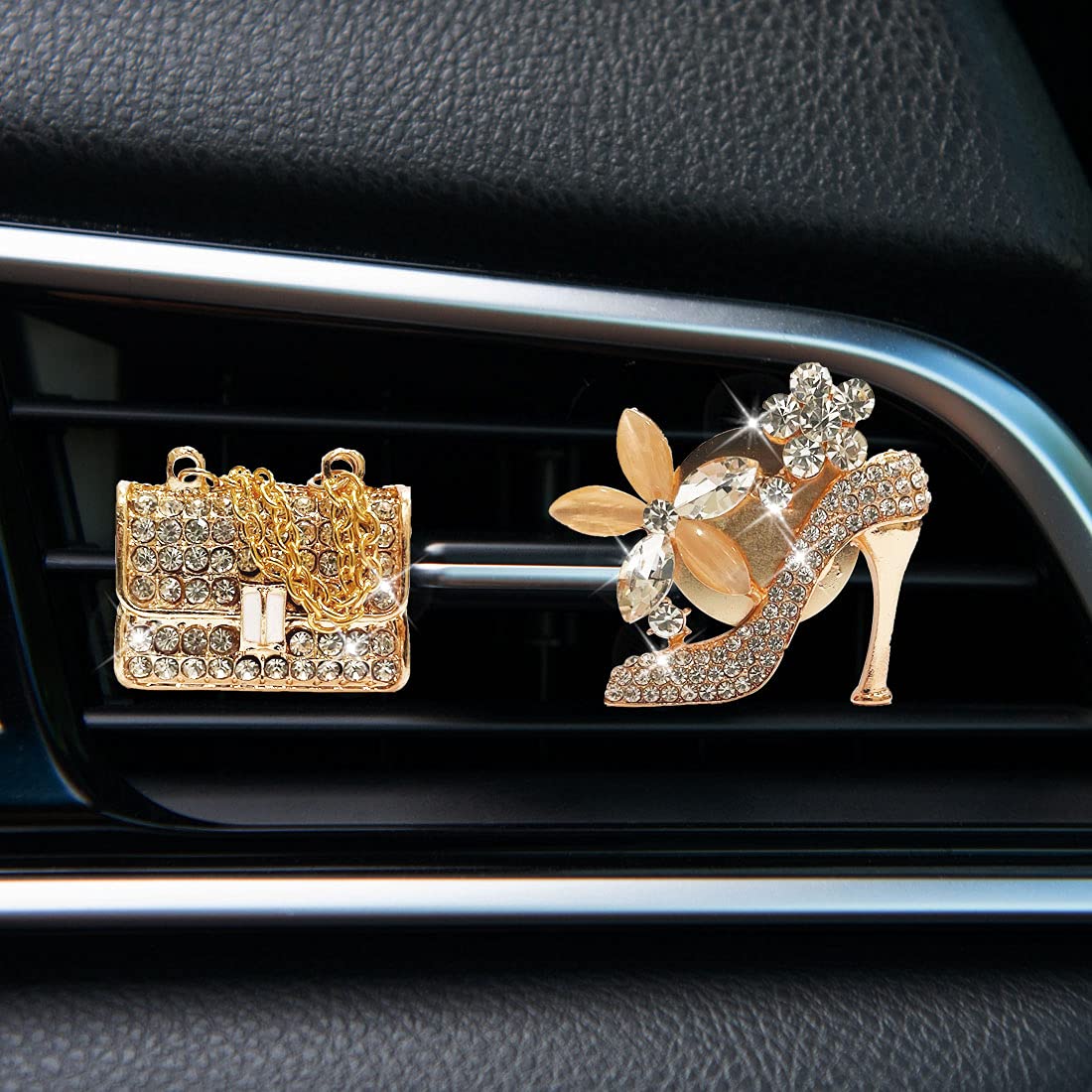 Sparkly Rhinestone High Heel Shoe & Magic Bag Car Vent Clip Charm - Bling Car Accessories for Girls, Golden Bedazzled Car Interior Decorations - Perfect for Birthday Gifts, Party Favors & Vehicle Personalization