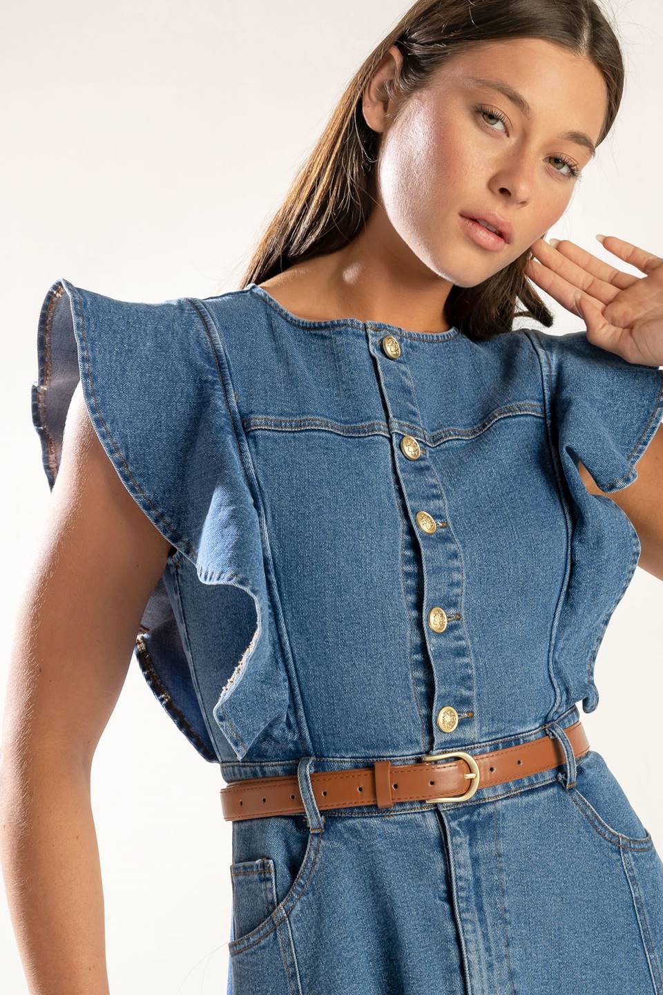 Indigo Ruffle Sleeve Denim Midi Dress for Women - Stylish Casual & Party Wear - Perfect for Date Nights, Brunch, and Summer Outings