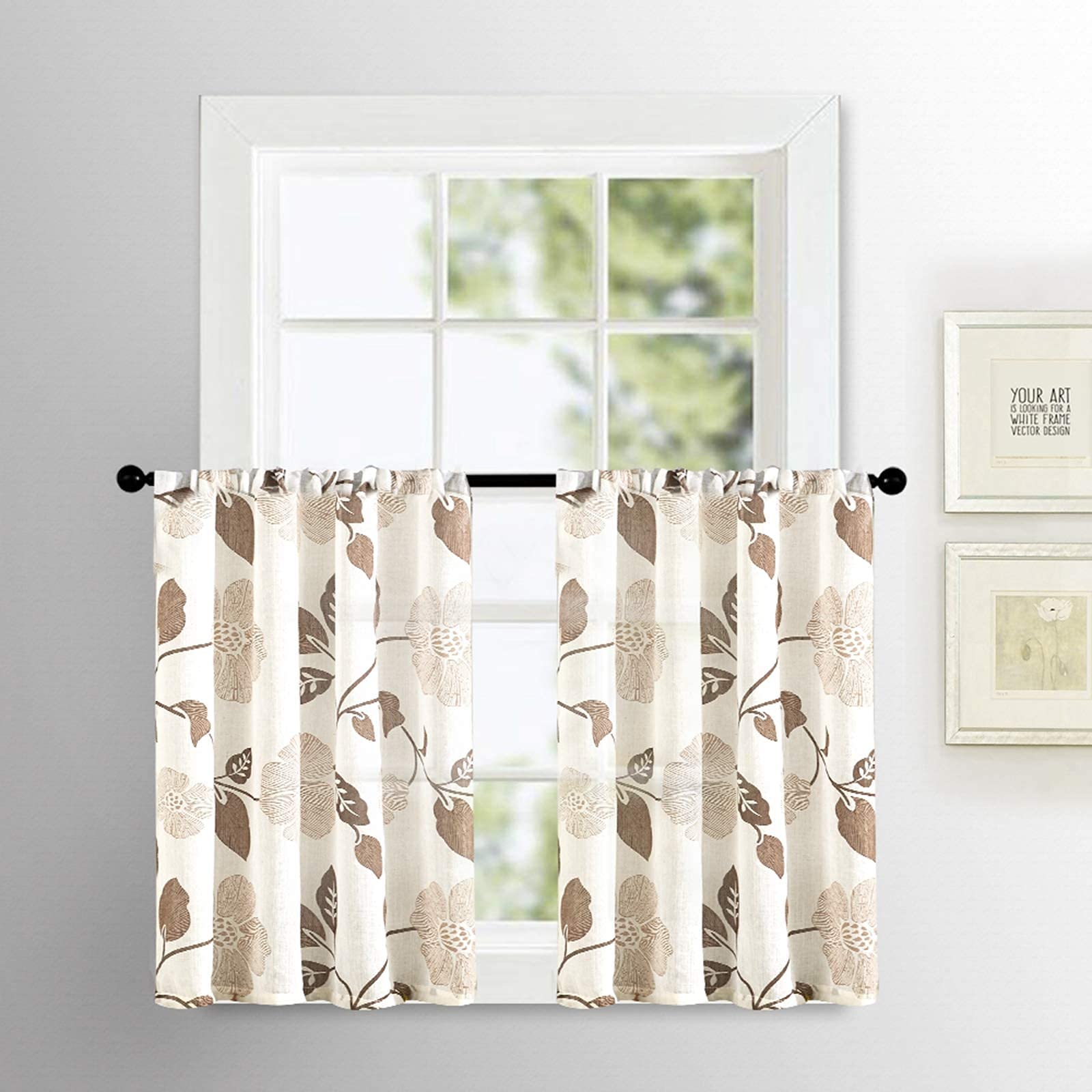 MRTREES Linen Textured Kitchen Sheer Curtains - Light Filtering Voile Cafe Curtains with Rod Pocket for Small Windows (2 Panels, 25x36 Inches, Brown Floral Print) - Perfect for Bathroom, Kitchen, or Half Windows - Adds Elegance & Privacy to Your Home Decor