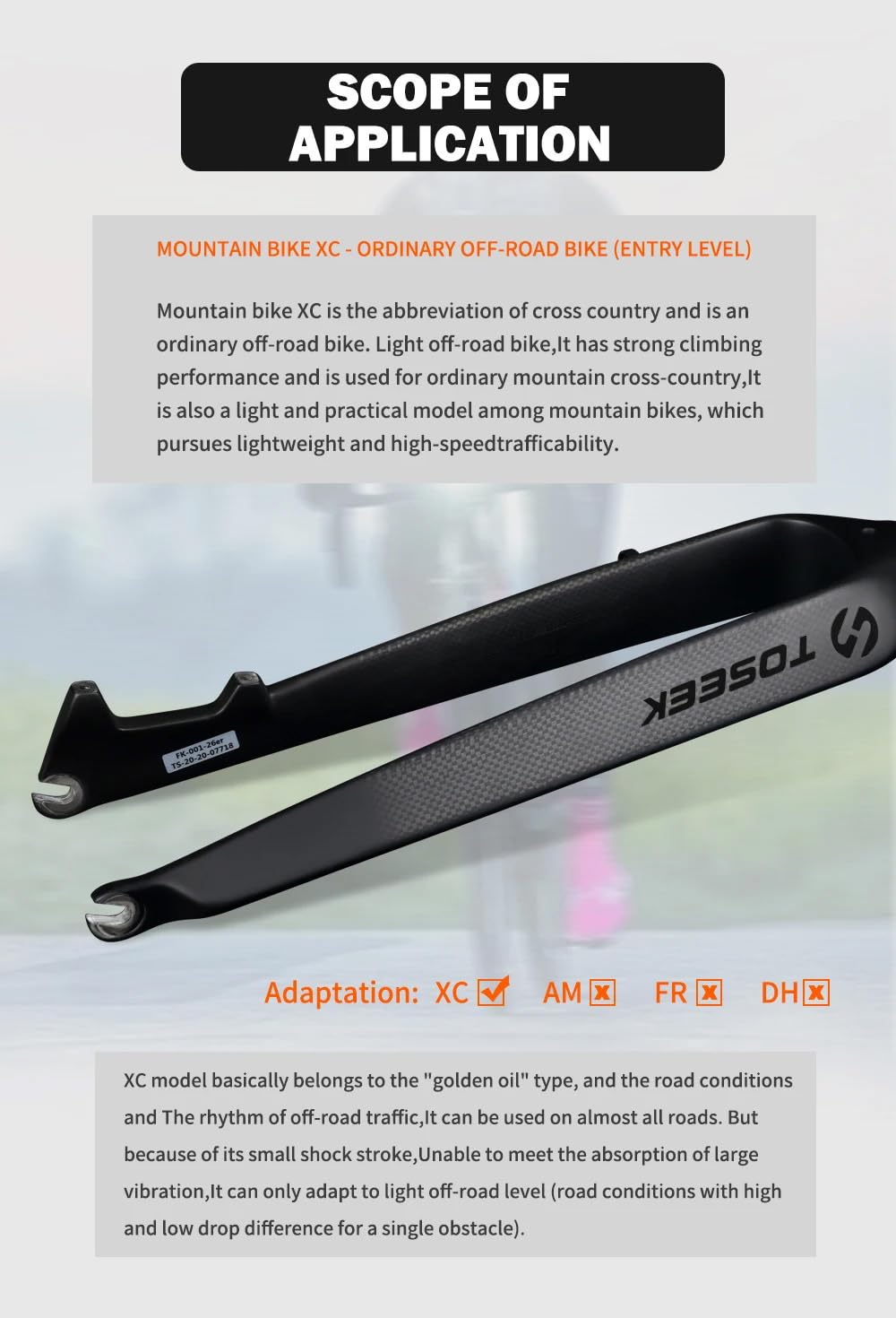 TOSEEK Full Carbon MTB Rigid Fork - 26in 27.5in 29in Mountain Bike Fork | 45mm Offset | 1/8