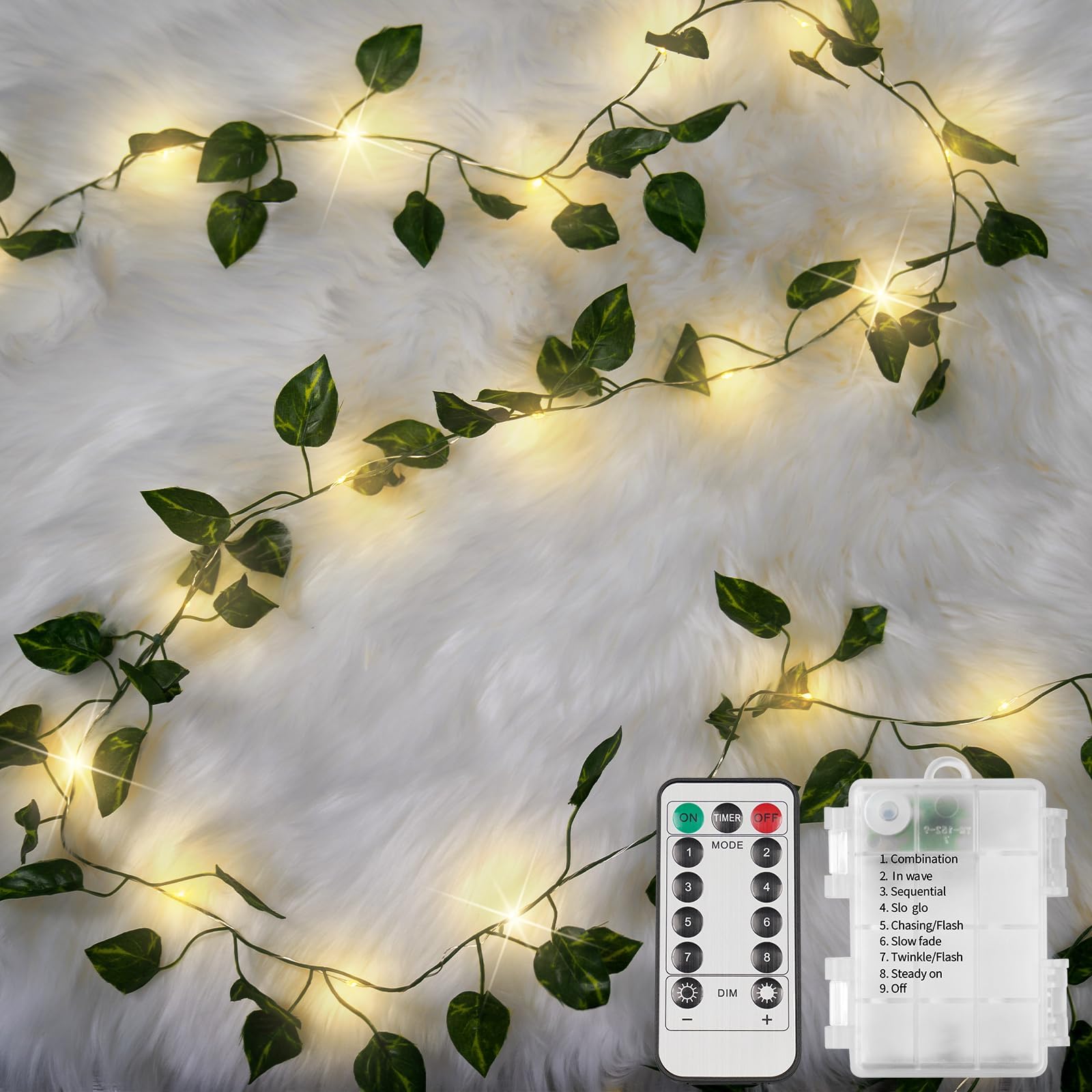 Suddus 33ft 100 LED Vine Fairy Lights with Remote - Battery Operated Pothos String Lights for Bedroom, Wall, Garden, Party & Wedding Decor (Warm White) | Romantic Ambiance, Outdoor Lighting, Home Decoration