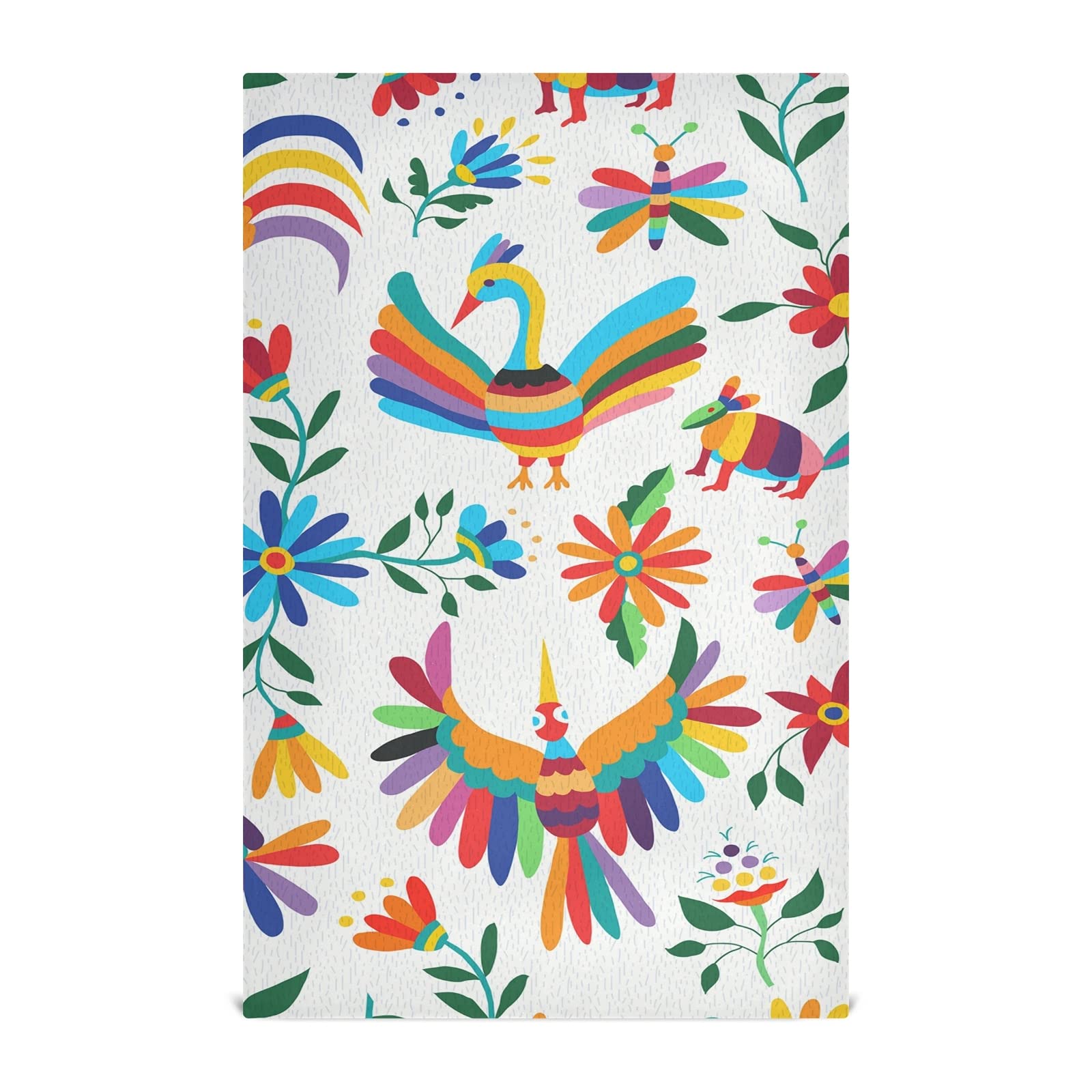 Vibrant Traditional Mexican Birds & Flowers Design - Set of 4 Polyester Kitchen Dish Towels with Hanging Loop | Hemmed Waffle Weave Dishcloths, Hand & Bar Tea Towels for Drying Dishes, Decorating Kitchen, and Hosting Parties