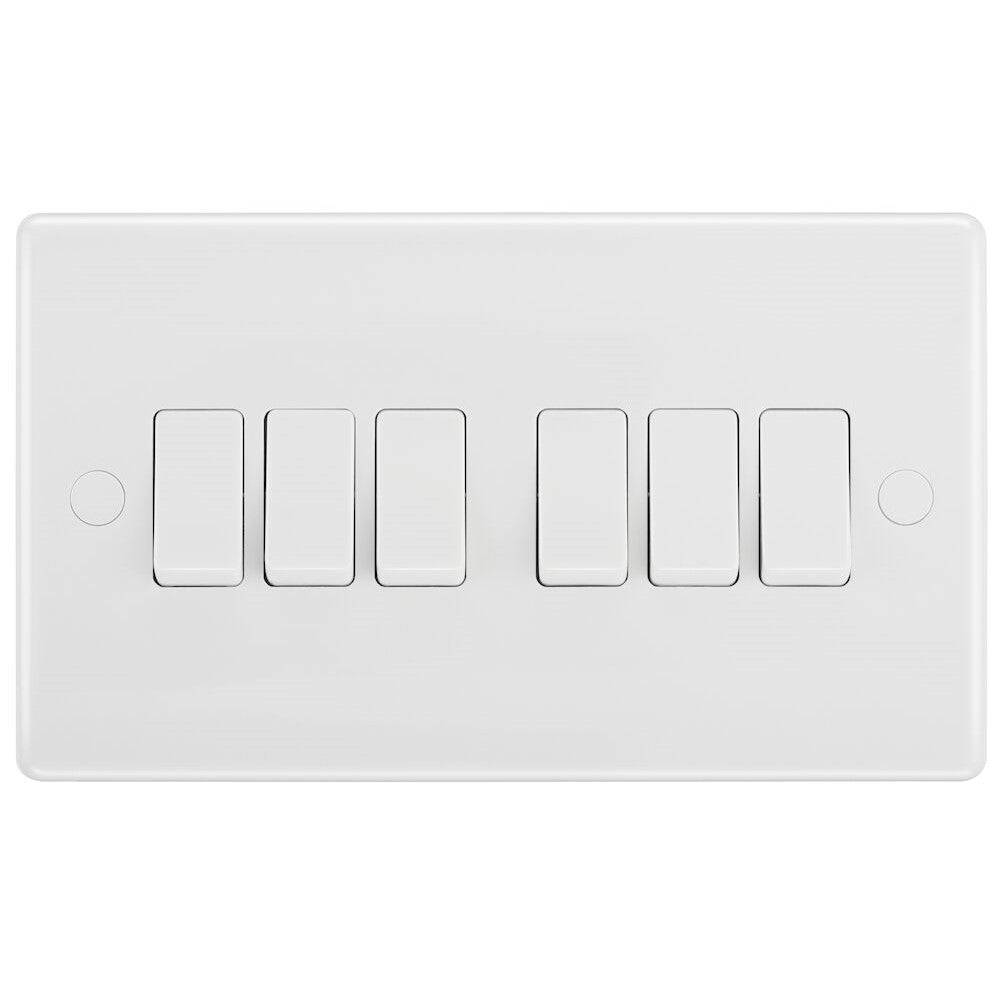 BG White 6G 2W Light Switch - 6 Gang 2 Way Rocker Panel for Home & Office Electrical Wiring | Perfect for Bedroom, Living Room and Commercial Spaces