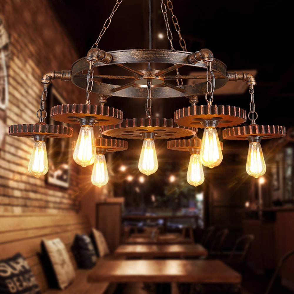 Vintage Steampunk 7-Light Industrial Chandelier - Rustic Metal Gear Pendant Ceiling Light Fixture for Restaurant, Bar, Coffee Shop & Home Decor | Perfect for Industrial Loft, Cafe, Pub and Vintage-Themed Spaces