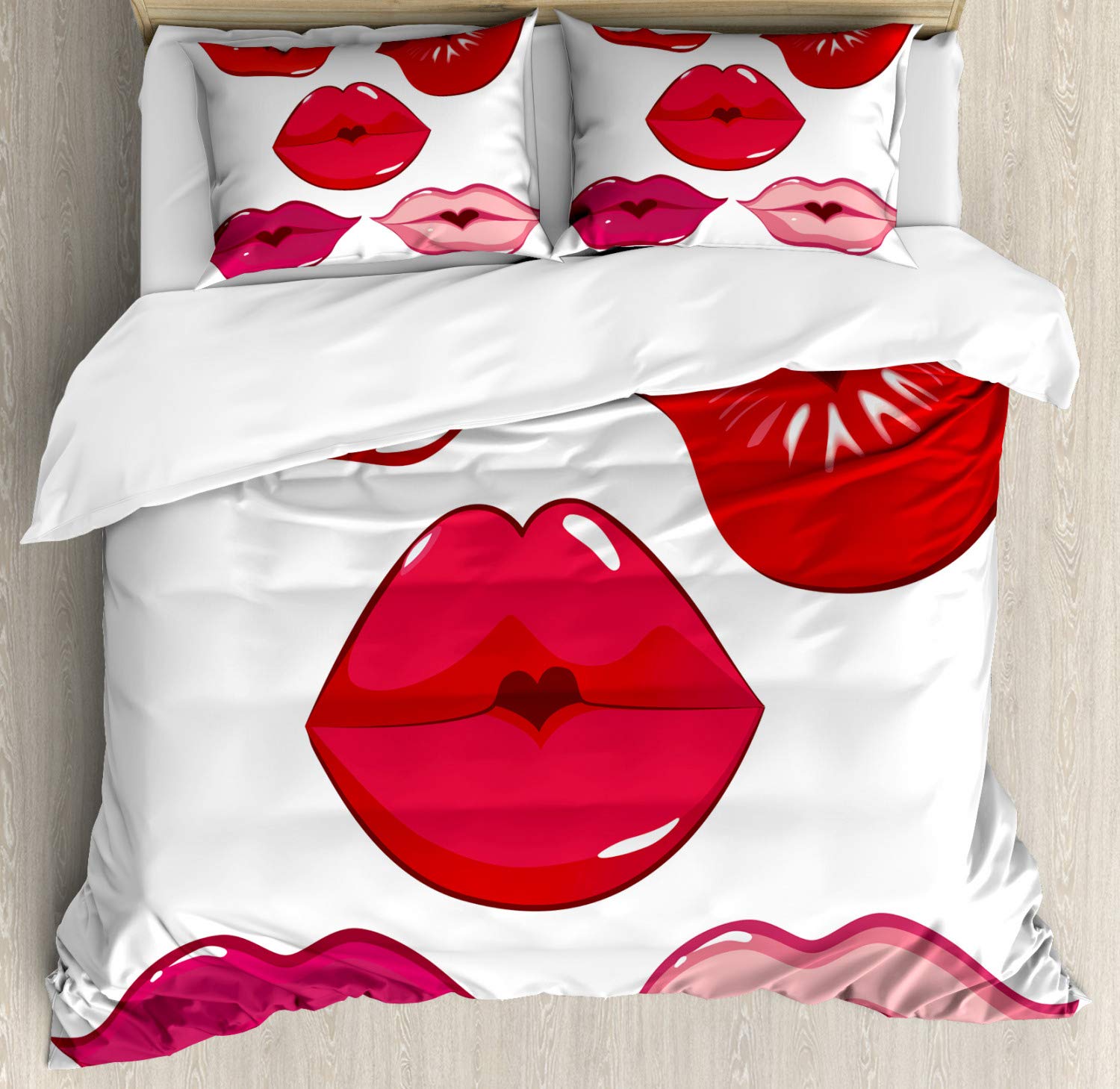 Ambesonne Kiss Duvet Cover Set - Queen Size 2-Pack with 4 Pillowcases | Bold Macro Lips & Heart Design in Vermilion Magenta | Romantic Bedroom Decor for Couples & Valentine's Day Gift