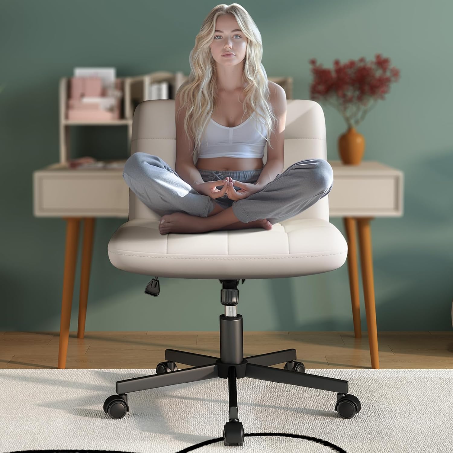 White PU Leather Swivel Office Chair with Wheels - Adjustable Height Criss Cross Leg Design Armless Computer Desk Chair for Home Office, Perfect for Working, Gaming & Vanity Dressing