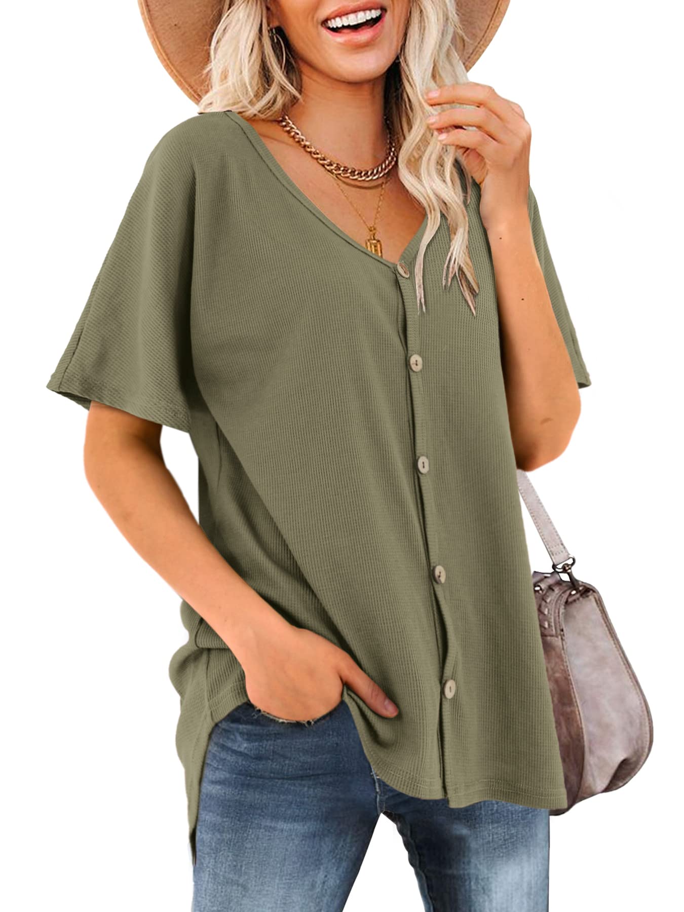 Beluring Women's V-Neck Short Sleeve Waffle Knit Button-Up Tunic Top Blouse – Casual Summer Shirt for Work, Outing & Daily Wear